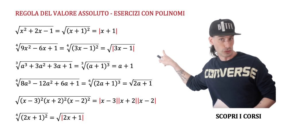 proprietà dei radicali, regola del valore assoluto, esempio con polinomi