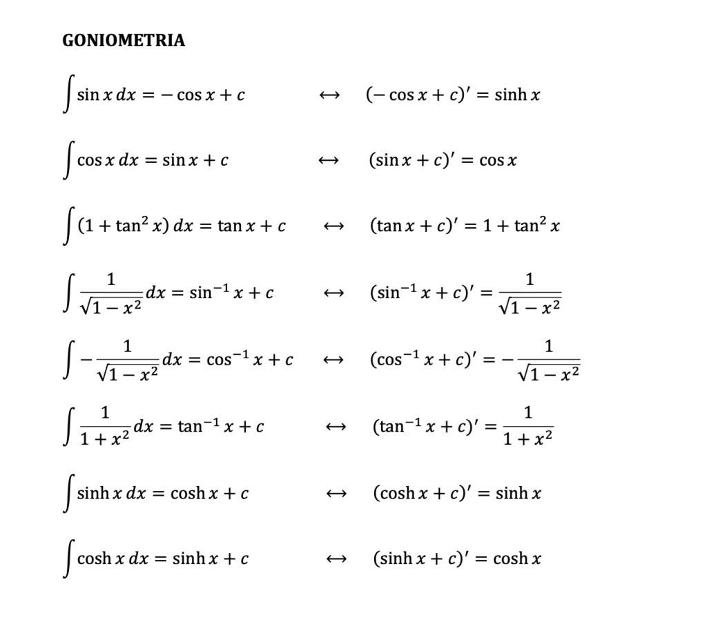 regole di integrazione, integrali elementari