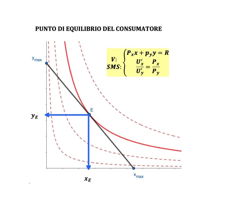 equilibrio del consumatore, microeconomia, funzione di utilità, vincolo di bilancio, teoria del consumatore, curve di livello, saggio marginale di sostituzione