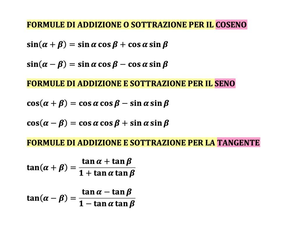 formule di addizione e sottrazione, goniometria, seno coseno e tangente