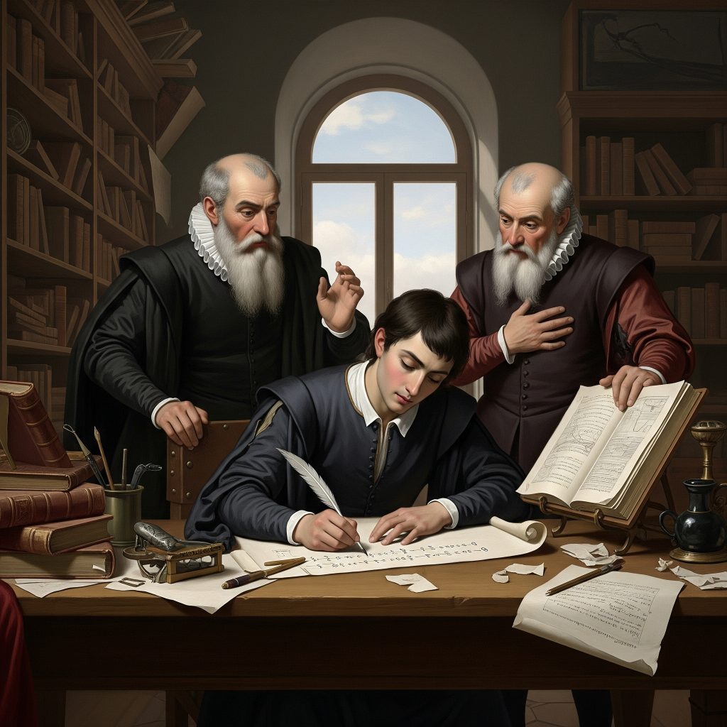 Ludovico Ferrari risolve l'equazione di quarto grado, affiancato da Cardano e Tartaglia