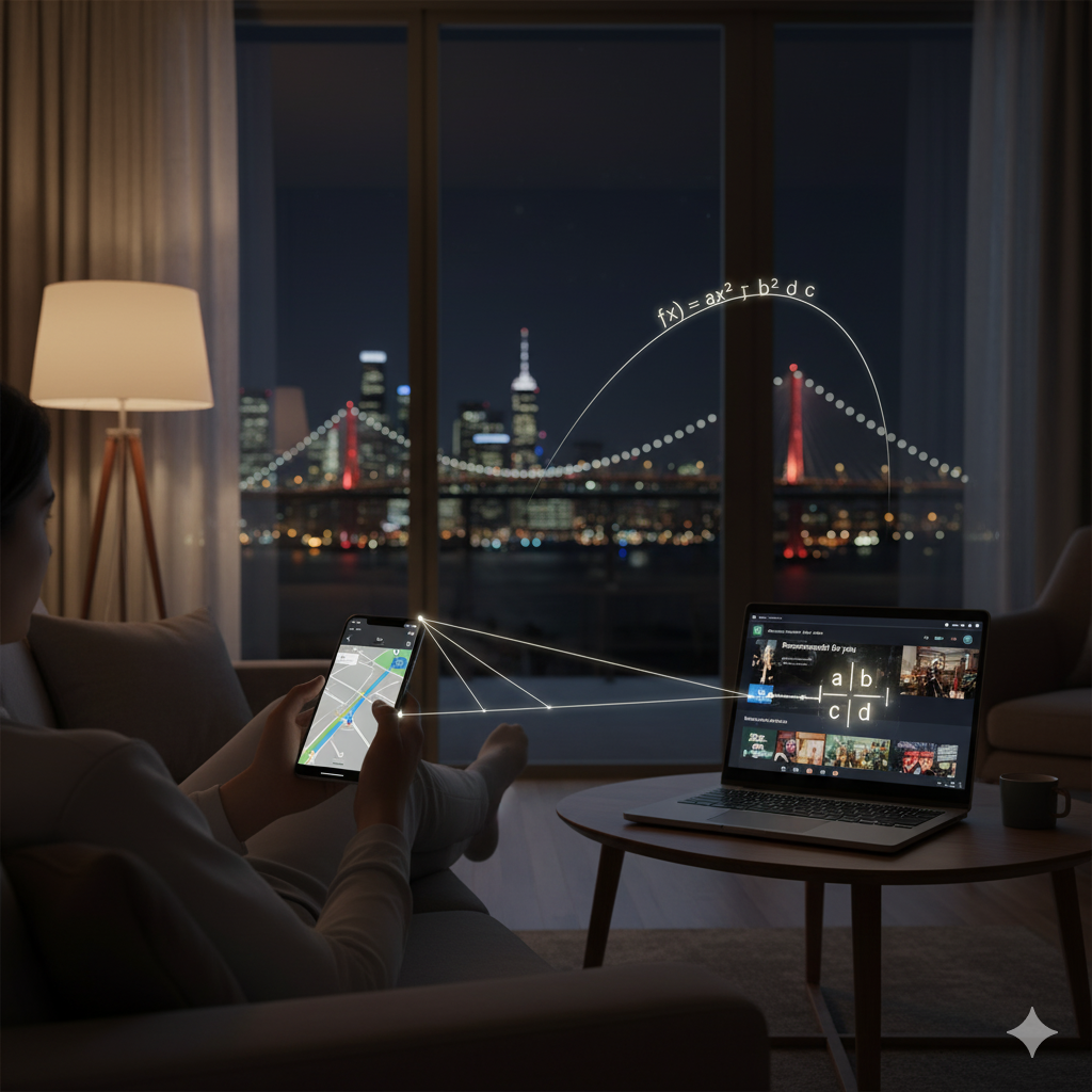 Immagina una scena tranquilla, è sera.
Non è un'aula, non c'è nessuna lavagna. Siamo in un salotto moderno, caldo, forse un po' buio, illuminato solo dalla luce soffusa di una lampada e dagli schermi.
Al centro della scena c'è una persona, comoda, seduta su un divano. Non sta studiando, sta vivendo.
Nella sua mano, tiene uno smartphone. Sullo schermo non ci sono formule, c'è una mappa di un'app GPS, con la linea blu del percorso che la guida. Ma ecco il dettaglio: per un attimo, tre sottilissime linee di luce, quasi invisibili, si staccano dai bordi dello schermo e si uniscono in un punto esatto al centro della mappa, formando un perfetto triangolo. È un lampo, un suggerimento della trigonometria al lavoro.
Poco più in là, sul tavolino, un computer portatile è aperto. Lo schermo mostra l'interfaccia di un servizio di streaming, con la classica riga: "Scelti per te". Proprio sotto quella riga, come se fosse un'ombra o un riflesso sul vetro, possiamo intravedere per un istante la struttura di una semplice matrice... solo due righe e due colonne di numeri luminosi $[...]$ che appaiono e svaniscono, il motore segreto di quella raccomandazione.
Oltre la finestra della stanza, in lontananza, si vedono le luci notturne di una città. E lì, un ponte sospeso, con i suoi cavi illuminati. Non è un ponte qualsiasi: la sua curva principale, la grande parabola che lo sostiene, è tracciata da una linea di luce delicata, quasi come se un ingegnere avesse appena disegnato la sua equazione $f(x)$ nel cielo notturno.
Non è una stanza piena di formule. È una stanza piena di risultati. L'immagine non mostra la fatica dello studio, ma la bellezza e la potenza della matematica che, silenziosamente, fa funzionare il mondo.