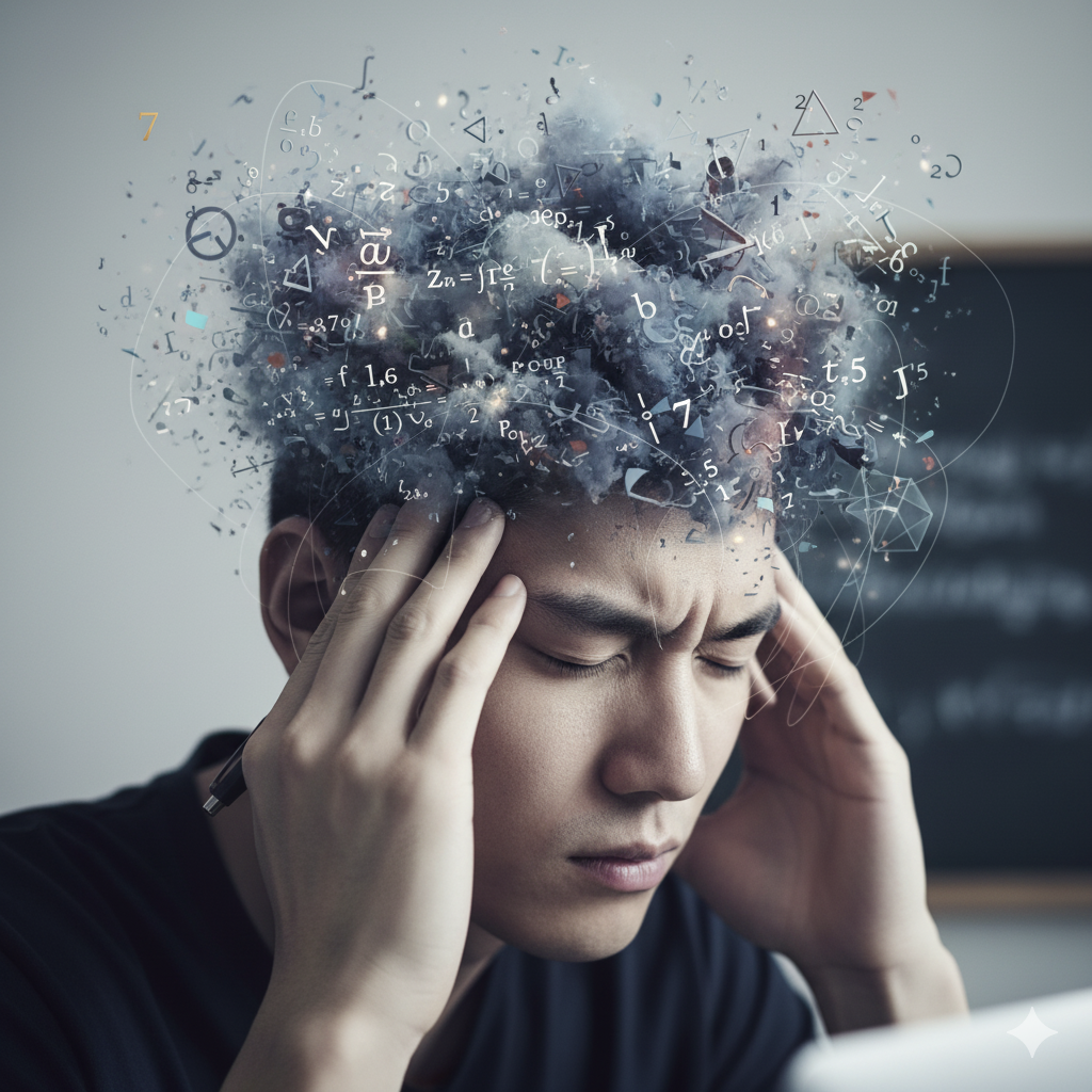 Titolo suggerito per l'immagine: "Il Groviglio Mentale" o "La Mente Sotto Pressione"
La Scena:
Immaginiamo una testa (potrebbe essere una figura stilizzata o solo la sagoma del viso) vista di profilo o leggermente di tre quarti. Non è un volto necessariamente angosciato in modo plateale, ma una persona visibilmente concentrata e sopraffatta.
Il Protagonista:

La figura ha gli occhi chiusi o socchiusi, o fissi nel vuoto, non sul foglio. Questo suggerisce che la battaglia è tutta interiore, non con il problema fisico.
L'espressione è di tensione contenuta, non di urlo. Potrebbe esserci una leggera piega tra le sopracciglia, o la bocca leggermente contratta. Le mani potrebbero stringere una penna o essere leggermente serrate in una morsa di nervosismo.
Gli Elementi Simbolici (la vera chiave):

Il Groviglio/Nuvola: Dal punto in cui dovrebbe esserci il cervello (o intorno alla testa, come un'aura), fuoriesce una nube densa e caotica di numeri, formule e simboli matematici. Questi simboli non sono ordinati o leggibili, ma formano un groviglio aggrovigliato, intrecciato, quasi soffocante. Sembrano rincorrersi, scontrarsi e sovrapporsi senza logica.
Colori del Groviglio: I colori di questo groviglio dovrebbero essere freddi, opachi: grigi, blu scuri, viola tenui, con qualche punta di rosso o arancione molto spenta che suggerisce allarme o difficoltà, ma non esplosione.
Linee di Pressione: Dal groviglio, o che circondano la testa, potrebbero esserci delle linee sottili, come delle vibrazioni o delle "onde" di pressione, che emanano verso l'esterno o che stringono la testa della figura.
Sfondo: Lo sfondo è sfocato e neutro. Potrebbe suggerire una lavagna o un foglio bianco indistinto, ma il focus è sulla mente della persona.
Luce: La luce potrebbe provenire da dietro la testa, creando una sorta di aureola oscura intorno al groviglio, o illuminare solo parzialmente il volto della figura, lasciando in ombra la zona dove i simboli si aggrovigliano.
Le Emozioni da Trasmettere:

Confusione mentale: Il caos dei numeri che non trovano ordine.
Sovraccarico cognitivo: Troppe informazioni che si fondono in un muro.
Pressione interna: La sensazione di un blocco che non permette di "vedere" la soluzione.
Isolamento: La battaglia si svolge tutta nella propria testa.
Speranza sottile (opzionale): Magari, in un angolo del groviglio, un singolo numero o simbolo è leggermente più nitido o ha un colore appena più caldo, a suggerire che una piccola parte della soluzione è lì, ma è schiacciata dal caos.
Questa immagine dovrebbe comunicare in modo viscerale la sensazione di essere intrappolati e sopraffatti dall'ansia da matematica, proprio come descritto nell'articolo.