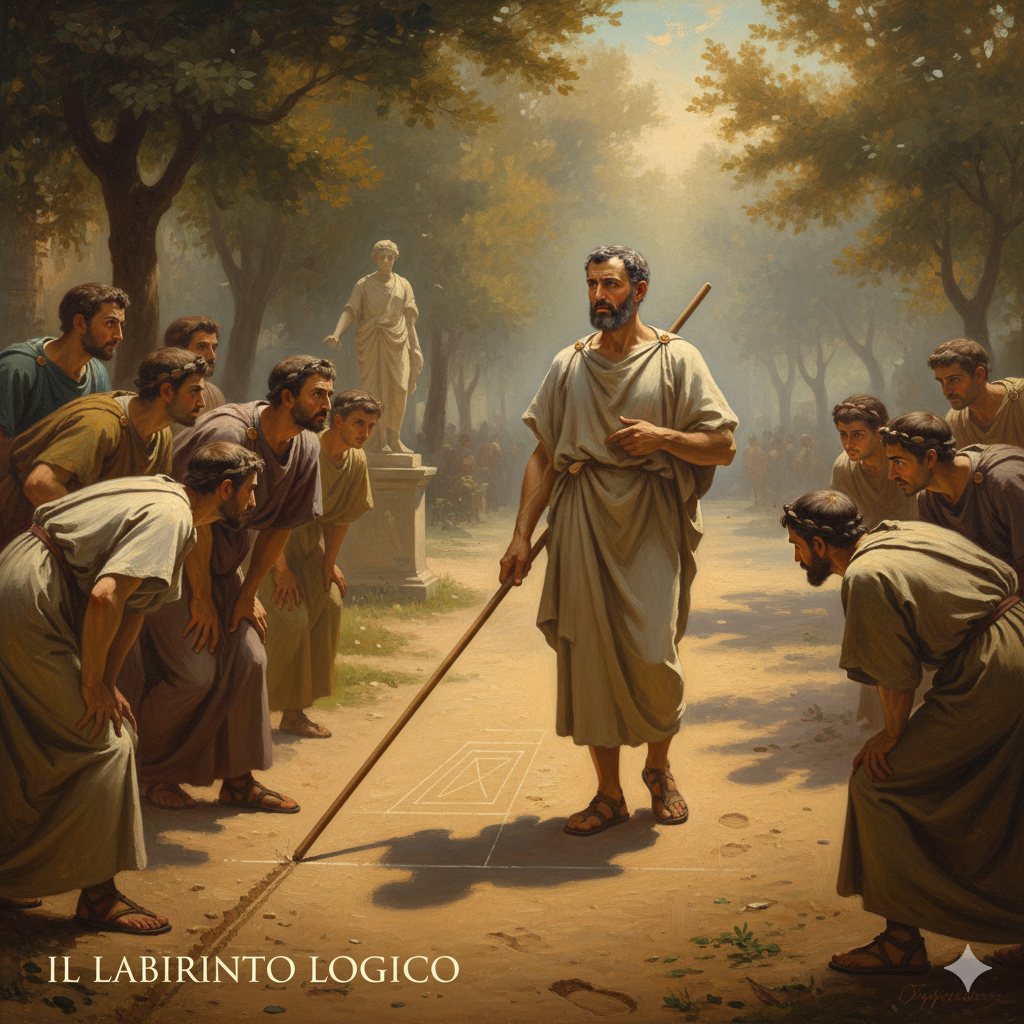 La Scena: Il Bastone nella Sabbia

L'Ambientazione: Atene, 335 a.C. Il giardino del Liceo. È un pomeriggio caldo, si sentono le cicale. C'è un viale ombreggiato da alberi dove il Maestro ama camminare (da cui "Peripatetici", coloro che passeggiano).

Aristotele: È un uomo di cinquant'anni, con una barba curata e uno sguardo penetrante, analitico, privo del misticismo di Platone. Indossa una tunica semplice ma di ottima qualità. Tiene in mano un bastone di legno levigato.

L'Azione e gli Elementi Simbolici:



La Linea nella Polvere:

Aristotele si ferma. Con la punta del bastone, traccia una linea retta nella sabbia del sentiero. Gli allievi si fermano e osservano."Guardate questa grandezza," dice. "È continua."

La Divisione (L'Atto e la Potenza):

Traccia un segno a metà della linea. Poi a metà della metà. Poi ancora a metà."Posso dividerla ora. Posso dividerla domani. Posso dividerla tra mille anni. La divisibilità è una Potenza della linea. Non finisce mai."

Poi si ferma. Alza il bastone."Ma non potrò mai fare tutte le divisioni. Non posso ridurre la linea a polvere di punti. L'infinito è un divenire, non un essere. Chi dice di aver raggiunto la fine dell'infinito, mente."

L'Ombra di Zenone:

Sullo sfondo, l'ombra di una statua sembra alludere ai paradossi di Zenone. Aristotele la guarda e scuote la testa. Con la sua logica, ha appena costruito una gabbia per l'infinito, rendendo il mondo sicuro, misurabile e razionale.

Il Sillogismo:

Cancella la linea con il sandalo. Il mondo torna pulito."Se la premessa è vera," dice riprendendo a camminare, "la conclusione è inevitabile."

E mentre si allontana, i suoi passi risuonano ritmici, come la logica binaria che, 2300 anni dopo, farà battere il cuore dei computer.

L'immagine cattura l'autorità calma di colui che ha messo ordine nel pensiero umano, tracciando un confine netto tra ciò che la mente può immaginare e ciò che la realtà può permettere.