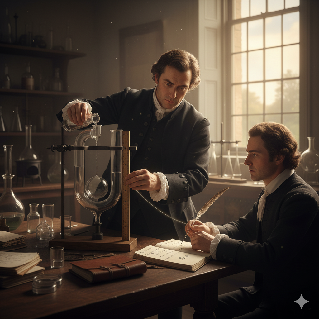 La Scena: Il Peso dell'InvisibileL'Ambientazione: Ci troviamo nel laboratorio londinese di Robert Boyle, intorno al 1661. Non è l'antro buio di un alchimista, ma uno studio luminoso e ordinato, pieno di strumenti scientifici. Da una grande finestra entra la luce pomeridiana, che illumina un tavolo massiccio. Su un lato del tavolo ci sono bilance di precisione, appunti meticolosi e strumenti di vetro puliti. Nell'ombra, su uno scaffale posteriore, si intravedono ancora alambicchi e un forno alchemico, simboli del vecchio mondo che Boyle sta cercando di superare.Robert Boyle: È un gentiluomo vestito con la sobrietà e l'eleganza del Seicento. Il suo sguardo non è sognante, ma analitico e penetrante. Non sta speculando; sta misurando.L'Azione e gli Elementi Simbolici:Il Tubo a J: Boyle è chino su un grande tubo di vetro a forma di J, fissato a un supporto di legno. Il braccio corto del tubo è sigillato e contiene una bolla d'aria intrappolata. Boyle sta versando con cautela, da un'ampolla, del mercurio nel braccio lungo.La Misurazione: Mentre versa, il mercurio nel braccio lungo sale, spingendo il mercurio nel braccio corto e comprimendo visibilmente la bolla d'aria. Boyle non sta solo guardando; con una mano tiene un righello graduato contro il vetro, misurando sia l'altezza della colonna di mercurio (la Pressione) sia la lunghezza della bolla d'aria (il Volume).Il Taccuino: Accanto a lui, il suo assistente (Robert Hooke) o lui stesso, ha un taccuino aperto. Sul foglio non ci sono simboli mistici, ma due colonne di numeri spietati. Nella prima colonna, la Pressione (P) aumenta. Nella seconda, il Volume (V) diminuisce.L'Intuizione (La Nuova Realtà): Boyle si ferma. Guarda i numeri, poi guarda il tubo. Il suo pensiero è rivoluzionario: Non è magia. Non è l'"horror vacui" di Aristotele. È un meccanismo. L'aria non è un'entità spirituale; è una "molla", un corpo elastico. E la sua elasticità... la sua elasticità obbedisce a una legge. Prende la penna e, in fondo alla pagina, non scrive una parola, ma una semplice, elegante proporzione matematica: $P \propto 1/V$.L'immagine cattura il momento esatto in cui la chimica si separa dall'alchimia. Boyle, con la precisione di un matematico, ha appena dimostrato che persino l'invisibile obbedisce a una legge numerica, trasformando l'aria in un oggetto misurabile.