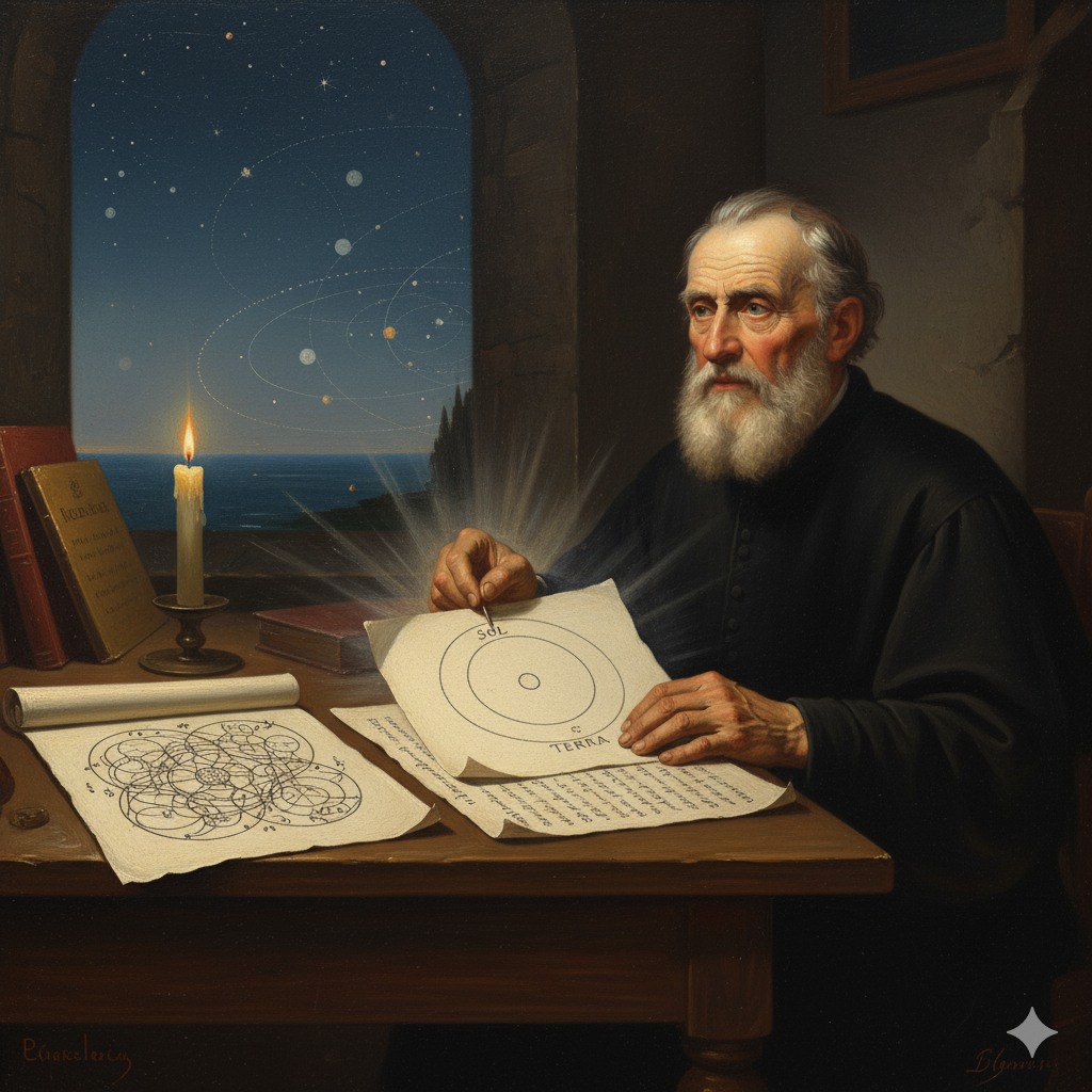 La Scena: Il Dubbio del Canonico
È notte fonda nella torre della cattedrale di Frombork, in Polonia. La stanza è austera, quasi monacale, e gelida. Dalla stretta finestra si intravede il Mar Baltico, scuro e immobile, sotto un cielo trapuntato di stelle.

Niccolò Copernico non è al telescopio. È seduto a un pesante tavolo di legno, illuminato solo da una candela. Ha quasi settant'anni, il suo volto è solcato da rughe di concentrazione.

L'Azione: La candela illumina due fogli sparsi sul tavolo. Sul foglio a sinistra, c'è un diagramma incredibilmente complesso: è il Modello Tolemaico. È un groviglio caotico di cerchi, epicicli e deferenti, disegnato con precisione ma palesemente assurdo, un "mostro", come lo definirà lui. Sul foglio a destra, ci sono solo colonne di numeri: i suoi calcoli trigonometrici, il lavoro di una vita.

In questo momento, Copernico sta confrontando i due. Sta provando, per l'ennesima volta, a far quadrare i suoi calcoli (la realtà) con il vecchio modello (la tradizione). Ma non tornano.

Il Pensiero (La Nuova Realtà): Frustrato, Copernico alza lo sguardo dalla pergamena. Non guarda le stelle fuori dalla finestra, ma fissa un punto nel vuoto. Il suo pensiero è radicale: E se il problema non fossero i calcoli, ma il centro? Se tutta questa mostruosa complessità fosse solo un'illusione ottica?

Lentamente, prende un foglio pulito. Con mano tremante, non per l'età ma per l'audacia del gesto, traccia un piccolo cerchio al centro. Ci scrive sopra: "SOL".

Poi, traccia un altro cerchio più esterno. Ci scrive: "TERRA".

In quell'istante, nella sua mente, l'universo cambia. Gli ingranaggi si semplificano, il caos degli epicicli si dissolve in un'armonia elegante. Non è ancora la verità (le sue orbite sono ancora cerchi), ma la matematica gli ha appena mostrato che un universo più semplice è possibile. Ha fermato il Sole e ha mosso la Terra, non con la fisica, ma con la pura forza della geometria e del calcolo.