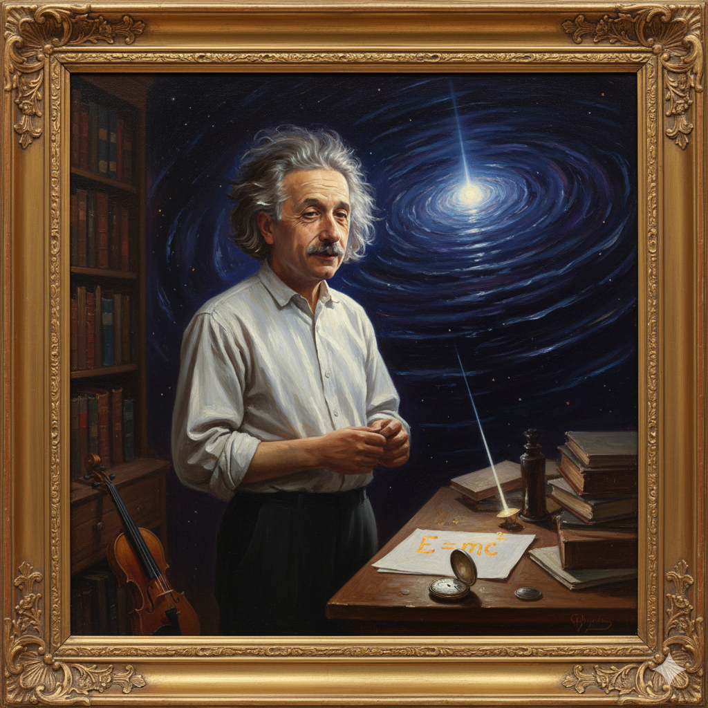 Einstein e la Sinfonia Inesplorata del CosmoLa Scena: L'immagine si apre in un piccolo ma disordinato studio a Berna, 1905, ma il muro di fondo è come dissolto, rivelando un cosmo inesplorato. È una giornata luminosa, ma la luce non sembra provenire dalla finestra, bensì irradiare da lui stesso. L'aria è vibrante, carica di un'energia silenziosa. Scaffali carichi di libri di fisica e matematica circondano un semplice scrittoio di legno.Albert Einstein: È giovane, poco più che ventenne, con i suoi capelli già ribelli e uno sguardo penetrante che sembra guardare attraverso il tessuto stesso della realtà. È in piedi, non seduto. Le maniche della sua camicia sono arrotolate, come se avesse interrotto un lavoro manuale per inseguire un'idea.Il Momento Epico:L'Intuizione Illuminante: Einstein non sta guardando dei fogli. Ha la testa leggermente inclinata, gli occhi socchiusi o fissi in un punto lontano, come se stesse ascoltando una musica interiore. La sua fronte è corrugata per la concentrazione, ma un sottile sorriso comincia a formarsi sulle sue labbra. L'intuizione della Relatività sta letteralmente prendendo forma nella sua mente.Lo Spaziotempo Curvo (Visibile): Dietro di lui, il muro dello studio si fonde con una rappresentazione eterea e maestosa dello spaziotempo. Non è un'immagine statica, ma una membrana scura e leggermente increspata, quasi un tessuto che si deforma dolcemente dove una singola, brillante stella lontana ne curva la superficie. È la sua visione della gravità che prende forma, ancora anni prima della Relatività Generale, ma già presente come seme.L'Equazione Luminosa: Sullo scrittoio, su un singolo foglio bianco, non ci sono calcoli complessi, ma solo tre simboli che brillano di una luce soffusa e dorata: $E=mc^2$. L'equazione sembra materializzarsi dal nulla, l'essenza pura della sua prima grande scoperta. Non è stata scritta, ma rivelata.L'Orologio Fermo e la Luce: Vicino all'equazione, un semplice orologio da tasca è posato aperto sul tavolo. Le sue lancette sono misteriosamente ferme su un'ora qualsiasi. In contrasto, un sottile raggio di luce attraversa la stanza, passando sopra l'orologio, come a dimostrare la sua indifferenza al tempo assoluto e la sua velocità invariabile.Un Violino Appoggiato: Appoggiato a uno scaffale, in un angolo, c'è un violino. È un simbolo della sua passione per la musica, la sua ricerca di armonia non solo nelle leggi della fisica ma anche nell'arte. È un tocco personale che lo umanizza.L'immagine catturerebbe il momento in cui Einstein, con la sola forza del pensiero, sta riorganizzando le fondamenta dell'universo, ascoltando la sinfonia della realtà e visualizzando le leggi che avrebbero cambiato per sempre la nostra comprensione dello spazio, del tempo e dell'energia. È un ritratto del genio nel suo momento più puro e rivoluzionario.
