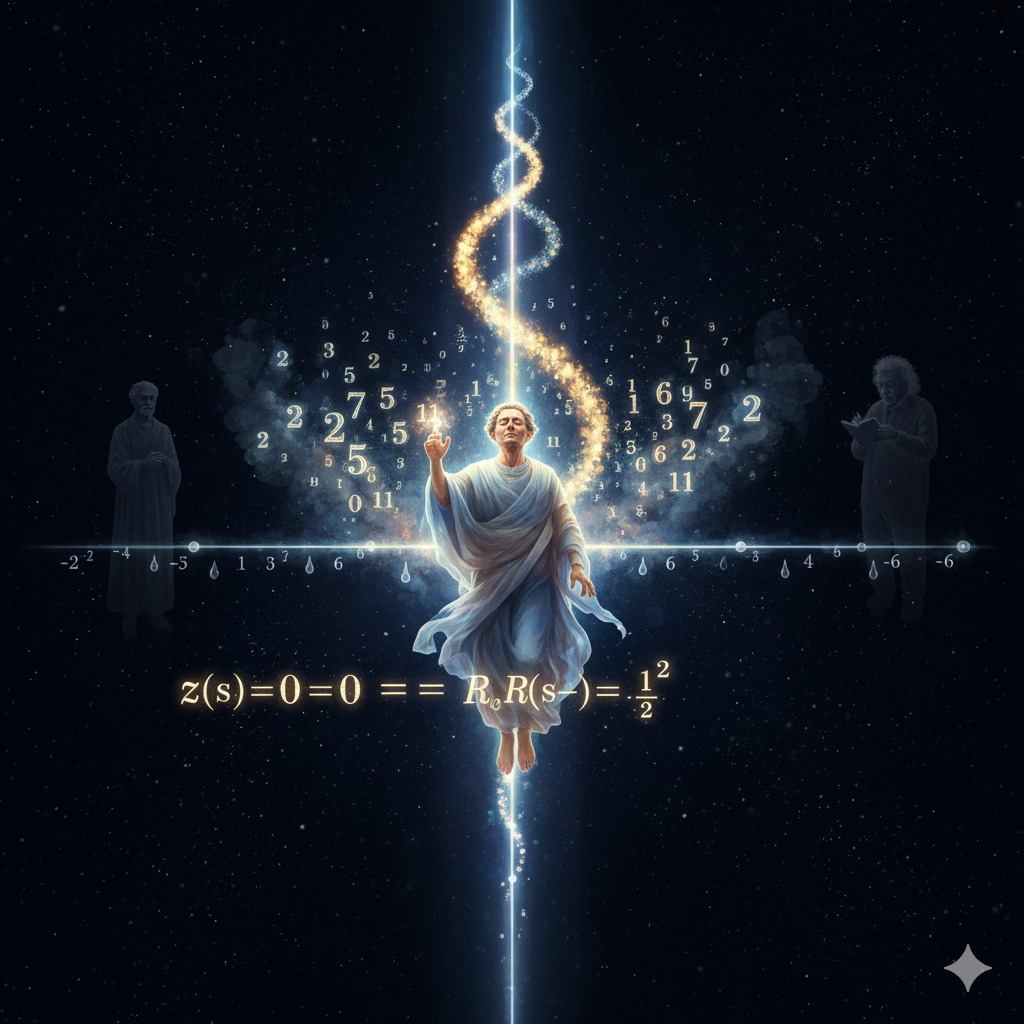 La Scena: Il Cercatore sulla Linea Critica
L'Ambientazione: Non siamo in una stanza, ma in uno spazio completamente astratto e immateriale: il Piano Complesso. Tutto è nero e vuoto, punteggiato da miriadi di punti di luce flebile che rappresentano i numeri. L'aria stessa vibra con un sottile ronzio di sottofondo, la "musica" della funzione Zeta.
Al centro di questo vuoto, una linea verticale di luce vibrante si estende all'infinito, come un'autostrada celeste. È la Linea Critica, con parte reale $1/2$. Sull'asse orizzontale (l'asse reale), si vedono i "fantasmi" trasparenti dei numeri interi.
Bernhard Riemann: È l'unica figura umana, sospesa nel vuoto. Non indossa abiti terreni, ma è avvolto in un drappeggio etereo che sembra fatto della stessa luce del Piano Complesso. I suoi occhi sono chiusi, la fronte aggrottata per lo sforzo. Non è tanto che sta vedendo con gli occhi, quanto che sta sentendo con la mente.
L'Azione e gli Elementi Simbolici:
Gli Zeri Banali (Il Caos): Intorno a Riemann, fluttuano disordinatamente, come briciole, i numeri primi noti (2, 3, 5, 7, 11...). La loro distribuzione è un caos apparente. Sull'asse reale, i numeri interi negativi pari (-2, -4, -6...) appaiono come piccole gocce di rugiada che cadono regolarmente, sono gli zeri banali, noiosi e prevedibili.
Il Pensiero (Il Conflitto): "Dev'esserci un ordine. Eulero l'ha intuito. Gauss l'ha cercato. Ma la musica dei primi è un coro disordinato. Come trovare l'armonia?"
La Sintonizzazione (La Funzione Zeta): Riemann alza una mano. Tra le sue dita, l'aria inizia a scintillare e a prendere la forma di un'immensa spira tridimensionale che si avvolge attraverso il piano. È la Funzione Zeta di Riemann, che pulsa con un'energia propria.
Il ronzio di sottofondo si intensifica, diventando più melodico, più "sintonizzato".
Il Richiamo degli Zeri (L'Allineamento): Mentre la Funzione Zeta si manifesta, i puntini di luce che rappresentano i numeri primi iniziano a vibrare. Ma è sulla Linea Critica che accade la magia.
Lungo quella via di luce, come per un richiamo irresistibile, compaiono degli echi luminosi. Non sono numeri primi, ma sono le loro "ombre armoniche". Questi echi sono i primi zeri non-banali della funzione Zeta.
Si allineano, uno dopo l'altro, con una precisione matematica impressionante, lungo la linea verticale. Sono come perle su un filo, perfettamente equidistanti, o meglio, perfettamente ordinate secondo un ritmo sconosciuto.
L'Ipotesi (La Rivelazione):
Riemann apre gli occhi. Il suo volto è illuminato da un'epifania profonda. Non ha dimostrato nulla, ma ha visto la verità.
Il Pensiero (La Certezza): "Ecco l'armonia! Non è nelle note disperse, ma negli spazi tra di esse. Non è sulla linea reale, ma qui, sulla Linea Critica! Ogni zero qui è una vibrazione che determina dove apparirà il prossimo numero primo!"
Il Mistero e l'Eternità:
Riemann sorride, un sorriso tenue. Sa di aver trovato la mappa segreta, ma sa anche di non poterla percorrere fino in fondo. Gli zeri si estendono all'infinito, svanendo nell'oscurità del Piano Complesso. La loro musica è solo accennata, un'armonia lontana.
Lascia la Funzione Zeta a vibrare nell'aria. Il ronzio continua, ora più dolce, una promessa eterna.
L'immagine cattura il momento in cui Riemann, nel cuore della matematica pura, vede la struttura nascosta dei numeri primi, un'armonia celata che ancora oggi attende di essere pienamente rivelata.