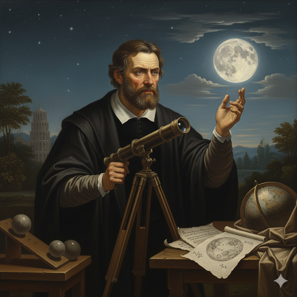 Galileo: Il Misuratore del Cosmo IncompresoLa Scena: L'immagine è ambientata nell'orto botanico di Padova o nel giardino della sua villa ad Arcetri, poco dopo le sue scoperte al cannocchiale. È una notte limpida e stellata.Galileo: È il centro della composizione. È un uomo di mezza età, con il suo caratteristico pizzetto e uno sguardo intenso e penetrante. È vestito con abiti da studioso dell'epoca (un mantello scuro sopra una veste chiara).L'Azione e gli Elementi Simbolici:Il Cannocchiale Rivolto al Cielo: Galileo è chino su una riproduzione del suo cannocchiale, posizionato su un treppiede rudimentale ma efficace. Non sta guardando attraverso l'oculare; ha appena terminato un'osservazione e sta fissando il cielo stellato con un'espressione di profonda meraviglia e, allo stesso tempo, di determinazione. La luce argentea della Luna (che è ben visibile, con le sue imperfezioni e crateri) illumina parte del suo volto.I Manoscritti Matematici: Sul tavolo vicino al cannocchiale, sono sparsi alcuni manoscritti. Su uno di essi si intravede un disegno dettagliato della Luna con i suoi crateri (come appariva nel Sidereus Nuncius) e, soprattutto, una formula matematica che descrive il moto (magari una semplice relazione $s = kt^2$ o un diagramma di traiettoria). Questo lega strettamente l'osservazione empirica alla descrizione matematica.Le Sfere e il Piano Inclinato (o la Torre di Pisa in lontananza): In un angolo, si intravedono delle sfere di diverso peso appoggiate vicino a un piccolo piano inclinato di legno. Oppure, in lontananza, si può vedere stilizzata la Torre di Pisa, evocando il famoso esperimento (anche se probabilmente mai avvenuto come la leggenda narra). Questo richiama il suo fondamentale lavoro sulla caduta dei gravi e sul suo metodo sperimentale.Il Globo Geocentrico Rovesciato (o Nascosto): Vicino al tavolo, un vecchio globo celeste tolemaico (con la Terra al centro) è visibile, ma è parzialmente coperto o addirittura capovolto, simbolo della vecchia visione del mondo che Galileo ha appena distrutto con le sue osservazioni.Lo Sguardo Pensieroso: Lo sguardo di Galileo non è solo di scoperta. C'è un'ombra di preoccupazione o consapevolezza delle implicazioni delle sue scoperte. Sa che ciò che ha visto e misurato con la matematica sfiderà le autorità e cambierà il mondo per sempre.L'immagine catturerebbe il momento in cui Galileo, usando i suoi occhi e la sua mente matematica, ha aperto una nuova finestra sull'universo, gettando le basi della scienza moderna.
