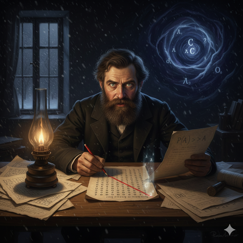 La Scena: La Diagonale nel Buio
L'Ambientazione: Halle, Germania, una notte d'inverno del 1891. Lo studio di Cantor è una stanza austera, quasi una cella monastica. Fuori nevica, un silenzio bianco copre il mondo. Dentro, una lampada a olio proietta ombre lunghe e tremolanti.
Georg Cantor: È un uomo di mezza età, con una barba folta e occhi febbrili, segnati dall'insonnia e dalla tensione nervosa. È seduto, curvo sul tavolo, circondato da fogli pieni di simboli ebraici ($\aleph$) e griglie di numeri.
L'Azione e gli Elementi Simbolici:
La Lista Infinita (La Gabbia):
Sul foglio davanti a lui, Cantor ha scritto una lista di numeri decimali infinita.
$0,12345...$
$0,56789...$
$0,99887...$
Cerca di elencarli tutti, di metterli in ordine, di domarli come ha fatto con i numeri interi.
Il Pensiero: "Devono essere numerabili. Dio non avrebbe creato un disordine che non posso contare."
La Diagonale (La Rivelazione):
Poi, con una matita rossa, traccia una linea diagonale attraverso i numeri. Prende la prima cifra del primo, la seconda del secondo...
Crea un nuovo numero cambiandole tutte.
Si ferma. Il respiro si fa corto.
L'Epifania: "Questo numero... non è nella lista. Non può esserci. Ho creato qualcosa di nuovo. La lista è incompleta. I numeri reali scappano dalla gabbia."
L'Abisso:
Cantor alza lo sguardo verso il buio della stanza. Non vede più il muro; vede un abisso che si apre. Vede che oltre l'infinito che conosceva ($\aleph_0$), c'è un infinito più grande, mostruoso, scuro e vasto come l'oceano ($C$). E dietro di quello, un altro ancora.
Sente la vertigine. Ha appena dimostrato che la mente umana può toccare l'infinito, ma ha anche scoperto di essere infinitamente piccolo di fronte ad esso.
L'Estasi e il Terrore:
Le mani gli tremano, non per il freddo, ma per l'emozione sacra. Sussurra una preghiera o forse un teorema. In quella stanza solitaria, l'uomo ha appena rotto il sigillo dell'Unico ed è entrato nel Molteplice.
L'immagine cattura la fragilità di un genio che, cercando di ordinare l'universo matematico, ha finito per spalancare le porte a una complessità troppo vasta per essere sopportata da una sola mente.