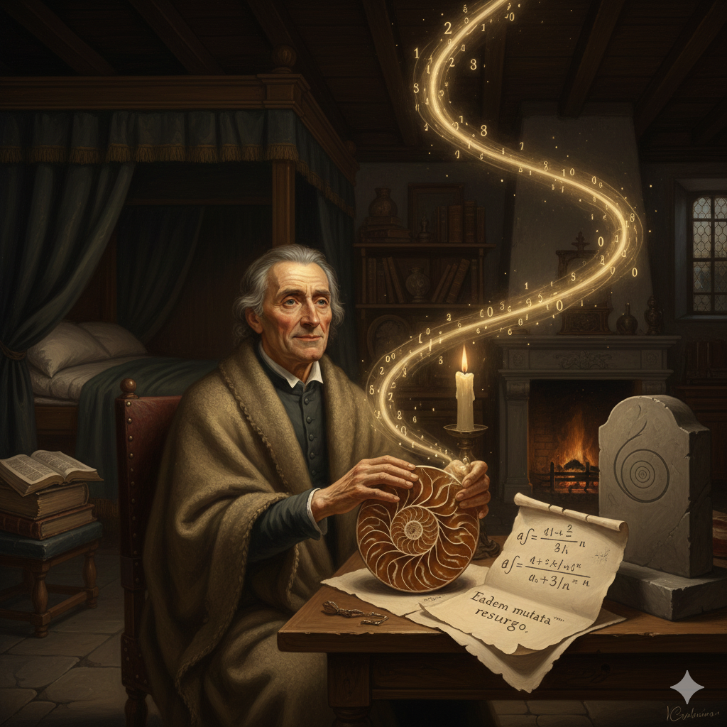 La Scena: La Spirale e la Resurrezione
L'Ambientazione: Basilea, 1704. Lo studio di Jakob è ordinato, silenzioso, quasi monastico, in netto contrasto con il caos di quello di Johann. È notte. Jakob è seduto, avvolto in una coperta pesante, tossisce leggermente. La sua salute sta svanendo.
Jakob Bernoulli: Ha un volto scavato, serio, con occhi profondi e malinconici. Non cerca la gloria immediata; cerca la verità eterna.
L'Azione e gli Elementi Simbolici:
Il Nautilus (La Natura):
Sulla scrivania, illuminata da una candela, c'è una conchiglia di Nautilus sezionata a metà. Jakob ne traccia il contorno con un compasso.
Il Pensiero: "Vedi come cresce? Ogni camera è più grande della precedente, ma la forma è identica. Non cambia mai, eppure si espande sempre."
Il Calcolo dell'Interesse (Il Numero $e$):
Accanto alla conchiglia, c'è un foglio pieno di calcoli finanziari. Jakob guarda la formula $(1 + 1/n)^n$.
La Visione: Vede il denaro che cresce. Ma non vede monete d'oro; vede una curva esponenziale che sale verso il cielo, una crescita naturale, organica, come quella della conchiglia. Ha unito l'economia alla biologia in un solo numero.
Il Motto (La Fede):
Jakob prende un pezzo di carta e scrive una frase latina: Eadem mutata resurgo.
Guarda la spirale. Pensa alla sua morte imminente. Pensa al fratello Johann che cerca di rubargli la scena.
L'Epifania: "Non importa, Johann. Tu vinci le gare, io ho trovato l'ordine nel caos. Come questa spirale, io cambierò stato, morirò, ma la mia essenza, la mia logica, risorgerà intatta nell'infinito."
L'Errore Futuro:
L'immagine si chiude con un dettaglio amaro e poetico: Jakob accarezza la spirale perfetta della conchiglia, ignaro che sulla sua pietra tombale verrà scolpita la spirale sbagliata, un ultimo scherzo del caso che lui ha cercato per tutta la vita di domare.
L'immagine cattura la serenità di un uomo che ha trovato Dio e l'immortalità nella geometria di una conchiglia e nella legge dei grandi numeri.