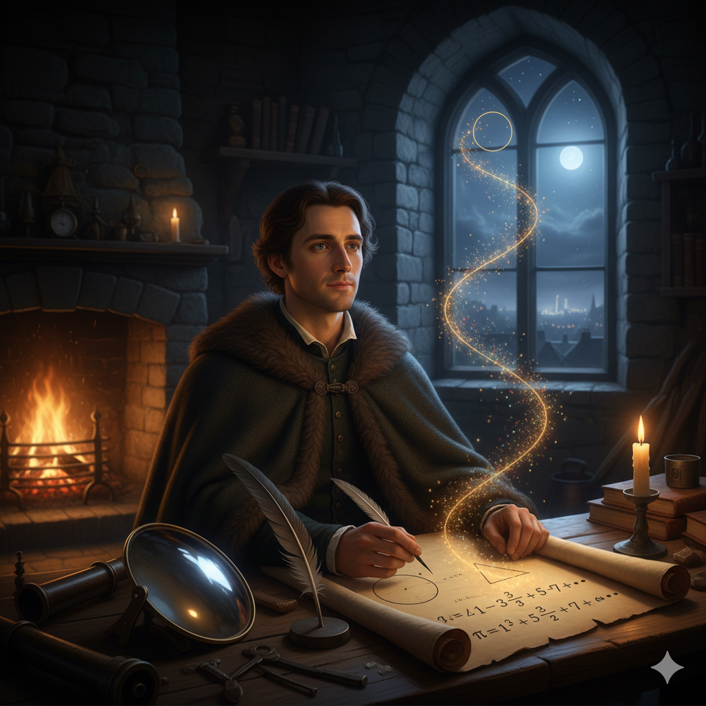 La Scena: Lo Specchio Curvo e la Somma Infinita
L'Ambientazione: È una notte ventosa e limpida a St. Andrews, in Scozia, intorno al 1670. Siamo in un laboratorio improvvisato all'interno di una torre di pietra. Il fuoco scoppietta in un camino, lottando contro l'umidità del nord. Dalla finestra aperta, il cielo stellato brilla con una chiarezza gelida.
James Gregory: È un uomo giovane, appena trentenne, avvolto in un pesante mantello di lana scozzese. Ha un volto aperto, intelligente, ma segnato dalla modestia e da una salute fragile. Non ha l'aria imperiosa di Newton; ha l'aspetto di un artigiano del pensiero.
L'Azione e gli Elementi Simbolici:
Il Telescopio "Sbagliato": Al centro della stanza, su un banco da lavoro, c'è un tubo ottico smontato. Non ci sono lenti di vetro trasparenti. Gregory sta lucidando con cura maniacale uno specchio metallico concavo.
Il Pensiero: "Il vetro mente. Il vetro separa i colori. Solo lo specchio è puro. Se riesco a curvare la luce senza attraversarla, vedrò l'universo com'è davvero." Tiene lo specchio verso la finestra, catturando il riflesso della Luna senza gli aloni colorati (aberrazione cromatica) che affliggevano Galileo.
La Piuma d'Uccello: Accanto allo specchio, c'è una semplice piuma d'uccello. Gregory la solleva controluce davanti a una candela. Osserva come la luce, passando tra le barbe sottili, si scompone in frange colorate (diffrazione). È la natura ondulatoria della luce che gli si rivela in un oggetto quotidiano.
La Pergamena dell'Infinito: Ma la vera magia è sul tavolo. C'è un foglio coperto di calcoli. Gregory ha appena disegnato un cerchio e un triangolo.
Sta scrivendo la sua formula più bella:
$$\frac{\pi}{4} = 1 - \frac{1}{3} + \frac{1}{5} - \frac{1}{7} + \dots$$
La Visione: Mentre scrive, i numeri sembrano danzare. Vede che per catturare la perfezione curva del cerchio ($\pi$) o del suo specchio, non serve la geometria statica dei greci. Serve il movimento. Serve sommare, sottrarre, sommare ancora, in un respiro eterno.
L'Ombra di Londra:
Gregory alza lo sguardo verso sud, verso Londra. Sa che laggiù c'è Newton. Sente che stanno guardando la stessa verità. Ma lui è qui, nel silenzio della Scozia, con il suo specchio e la sua serie infinita. Sorride, posa la penna e torna a guardare le stelle attraverso il suo specchio, l'unico uomo al mondo che in quel momento possiede sia la chiave dell'infinitamente grande (il telescopio) che dell'infinitamente piccolo (le serie).
L'immagine cattura la solitudine creativa di Gregory: un uomo che ha unito la manualità dell'ottico all'astrazione dell'analista, scoprendo i segreti dell'universo nel riflesso di uno specchio metallico.