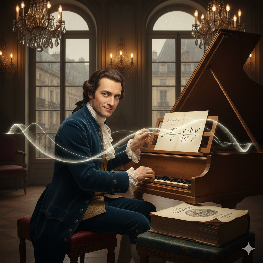 La Scena: La Corda che Disegna il Suono
L'Ambientazione: Siamo in un elegante salotto parigino del 1750, illuminato da alti candelabri di cristallo. È un ambiente raffinato, pieno di libri rilegati in pelle e strumenti scientifici che convivono con opere d'arte. Fuori dalla finestra piove, ma dentro c'è il calore dell'intelletto.
Jean le Rond d'Alembert: È un uomo di circa trent'anni, con un viso intelligente, occhi vivaci e un sorriso ironico. È vestito con eleganza sobria. È seduto non a una scrivania, ma di fronte a un clavicembalo aperto.
L'Azione e gli Elementi Simbolici:
L'Esperimento Musicale: D'Alembert non sta suonando una melodia. Ha aperto il coperchio dello strumento e sta pizzicando una singola corda tesa. La osserva vibrare. Il movimento è troppo veloce per l'occhio umano, appare come un fuso sfocato.
Il Pensiero: "Non è un arco di cerchio. Non è una parabola. È una forma che cambia nel tempo... La posizione dipende da 'dove' guardo ($x$) e da 'quando' guardo ($t$)."
La Visualizzazione (L'Onda): Nella mente di D'Alembert, il movimento sfocato rallenta. Vede la corda deformarsi. Vede due onde fantasma che viaggiano in direzioni opposte, incrociandosi. Capisce che la vibrazione non è statica, è un viaggio di energia.
La Formula sul Leggio: Prende una penna d'oca e, invece di scrivere note musicali sul pentagramma poggiato sul leggio, scrive la sua equazione differenziale:
$$\frac{\partial^2 u}{\partial t^2} = c^2 \frac{\partial^2 u}{\partial x^2}$$
Guarda la formula e sorride. Ha appena catturato la musica in una gabbia logica. Ha trasformato il suono in una derivata parziale.
L'Enciclopedia: Sullo sgabello accanto a lui, c'è il primo volume, pesante e appena stampato, dell'Encyclopédie. D'Alembert posa la mano sul volume, collegando mentalmente la sua scoperta matematica al grande progetto di illuminare il mondo con la ragione.
L'immagine cattura l'essenza di un uomo che viveva tra l'arte e la scienza, capace di ascoltare la musica e vedere le equazioni che la governavano, portando la luce della ragione nei misteri della natura.