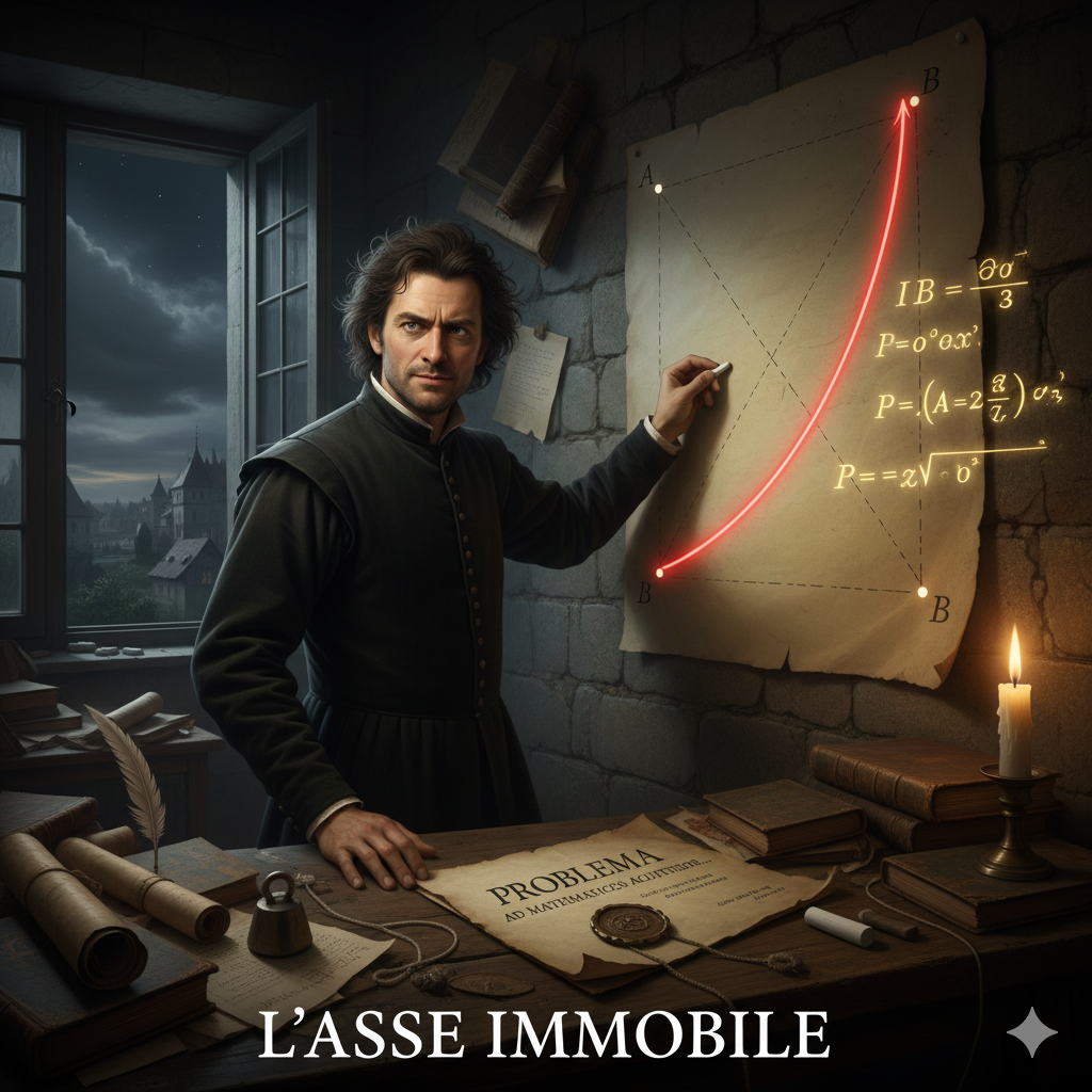 La Scena: Il Leone e la Caduta Perfetta
L'Ambientazione: È notte fonda a Basilea, giugno 1696. Lo studio di Johann Bernoulli è un caos di carte e libri. Una finestra è aperta sulla notte estiva. Johann è in piedi, vicino a una parete dove ha inchiodato un grande foglio di pergamena.
Johann Bernoulli: È un uomo sulla trentina, con un'espressione di arrogante trionfo. I suoi occhi brillano di una luce di sfida. Non indossa la parrucca, ha i capelli scompigliati. Tiene in mano un peso di piombo legato a un filo e un gessetto.
L'Azione e gli Elementi Simbolici:

Il Disegno Sbagliato (La Retta): Sulla pergamena ci sono due punti, A (in alto) e B (in basso a destra). C'è una linea retta tratteggiata che li unisce. Johann la guarda e ride sprezzante.
Il Pensiero: "Galileo pensava fosse un arco di cerchio. Gli sciocchi pensano sia una retta. Ma la natura è più astuta."
La Rivelazione (La Cicloide):
Con un gesto ampio e sicuro, Johann disegna una curva rossa che scende ripida da A, quasi in verticale, per poi risalire dolcemente verso B. È la Cicloide.
La Visione: Nella sua mente, vede una biglia che rotola. Vede che sulla retta la biglia parte lenta. Sulla sua curva, invece, la biglia "tuffa" subito, guadagna una velocità mostruosa grazie alla gravità, e usa quella velocità per divorare la distanza finale. È la via più veloce, non la più breve.
La Lettera di Sfida:
Sul tavolo, c'è la lettera che sta per spedire agli Acta Eruditorum. Si legge l'intestazione: "Problema ai matematici più acuti...".
Johann appoggia la mano sulla lettera. Sa che Newton a Londra la leggerà. Sa che suo fratello Jakob la leggerà.
Il Pensiero: "Vediamo se il leone inglese sa graffiare. Vediamo se mio fratello sa volare. Io ho piegato il tempo alla geometria."
L'Atmosfera:
La candela sfarfalla. L'ombra di Johann si proietta sul muro, ingigantita, minacciosa. Non è solo un matematico che ha risolto un problema; è un guerriero che ha appena lanciato il guanto di sfida all'intera Europa, armato della più bella curva della geometria.
L'immagine cattura l'essenza di Bernoulli: il genio puro mescolato a un'ambizione divorante, l'uomo che ha trasformato la matematica in un duello d'onore.