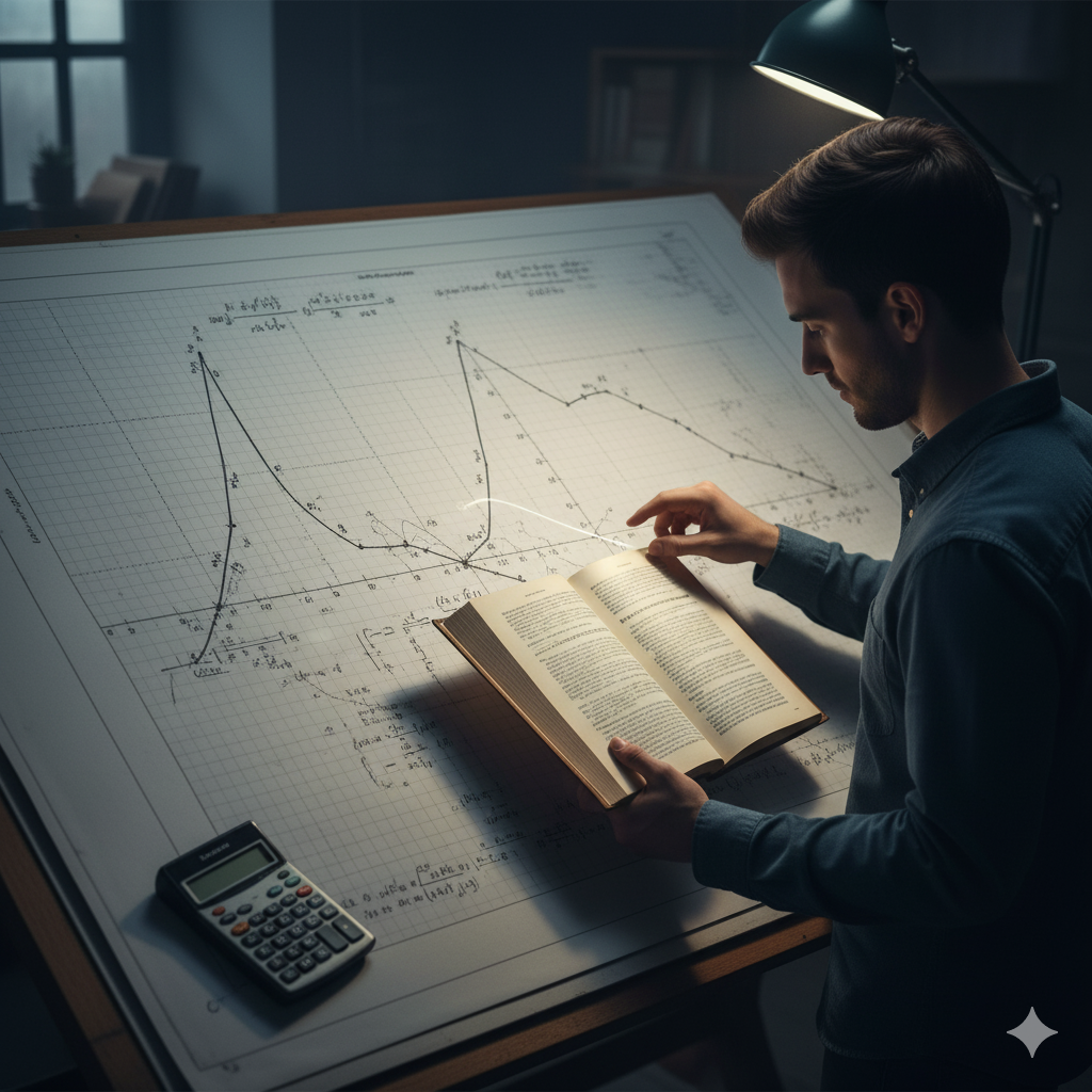 Immagina una stanza, forse uno studio, immersa in una luce serale, quasi notturna. Non è un'aula d'esame, è un luogo di preparazione, un "quartier generale".
Al centro c'è un grande tavolo da disegno, di quelli da ingegnere o architetto.
Su questo tavolo non ci sono decine di fogli sparsi. Ce n'è uno solo, grandissimo, un progetto, un "blueprint". Ma non è il progetto di un ponte. È la rappresentazione di un singolo, complicato studio di funzione. È un grafico complesso, pieno di asintoti, cuspidi, punti di non derivabilità; sembra quasi una catena montuosa impossibile da scalare. È il "mostro", l'esame di Analisi 1.
Accanto a questo foglio, giace dimenticato, quasi inutile, un piccolo calcolatore, simbolo della matematica "vecchia", quella delle superiori.
La figura dello studente è lì, in piedi, china sul tavolo. Non sta scrivendo calcoli frenetici. La sua espressione non è di ansia, ma di profonda, intensa concentrazione.
Il dettaglio chiave è nelle sue mani e su cosa sta guardando.
In una mano, non tiene una matita. Tiene un libro. Un libro diverso dagli altri, forse più vecchio, aperto su una pagina. Su questa pagina non c'è un esercizio, c'è un teorema. Magari vediamo solo il titolo: "Teorema di Lagrange" o "Teorema Fondamentale del Calcolo". È scritto in modo chiaro, pulito, elegante.
L'altra mano dello studente è sospesa sopra il grafico. Non lo sta disegnando. Sta... analizzando. Il suo dito indice segue una curva specifica del grafico, e una sottile linea di luce sembra collegare il dito al teorema scritto sul libro.
La luce della scena non viene da una lampada. Viene dal libro. È il teorema stesso che proietta una luce chiara e logica sul caos del grafico, illuminando esattamente il punto critico, la cuspide, l'asintoto.
L'immagine cattura il momento esatto in cui lo studente smette di "calcolare" e inizia a "capire". Sta usando l'arma astratta (la teoria, il teorema) per disarmare il mostro concreto (il problema d'esame). È l'ingegnere, non più lo studente..