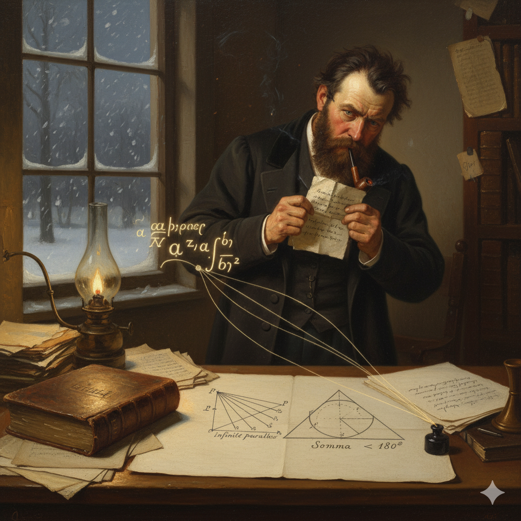  La Scena: La Solitudine del Copernico GeometricoL'Ambientazione: È una notte d'inverno profonda e glaciale a Kazan, in Russia, intorno al 1830. Fuori dalla finestra dello studio di Lobačevskij, la neve cade fitta, coprendo il mondo in un bianco uniforme e apparentemente piatto (Euclideo). Dentro, l'unica luce proviene da una lampada a olio che illumina una scrivania ingombra di libri. Spicca un pesante tomo: gli Elementi di Euclide.Nikolaj Lobačevskij: È un uomo robusto, sulla quarantina, con uno sguardo intenso e ostinato. Non è un sognatore etereo; è un amministratore, un professore, un uomo abituato alla logica ferrea.L'Azione e gli Elementi Simbolici:La Lettera Accartocciata (Il Conflitto): Lobačevskij tiene in mano una lettera accartocciata. È una recensione appena arrivata da San Pietroburgo, o forse da un collega tedesco. La lettera non critica, deride. Usa parole come "assurdo", "fantasia", "delirio di un provinciale".Il Pensiero (Il Dubbio): "Pazzo. Mi chiamano pazzo. Tutta la storia, da Euclide a Kant, dice che lo spazio è uno. Che le parallele sono uniche. Persino il grande Gauss a Gottinga tace..."Il Disegno (L'Ossessione): Lobačevskij ignora la lettera e si volta verso un grande foglio sulla scrivania. È il suo mondo, la sua "Pangeometria". Ha disegnato una linea $L$ e un punto $P$ esterno.Dapprima, traccia la linea parallela euclidea.Poi, con un gesto quasi rabbioso, traccia un'altra linea passante per $P$, che si inclina leggermente, e un'altra ancora. Tutte passano per $P$, ma nessuna tocca $L$.Il Triangolo "Sbagliato" (La Nuova Realtà): Accanto, ha disegnato un triangolo enorme, i cui lati sono visibilmente curvi verso l'interno (come su una sella). All'interno ha annotato: "Somma < 180°".Il Pensiero (La Certezza): "Mi chiamano pazzo, ma la logica non mente. L'ho dimostrato. Non c'è NESSUNA contraddizione. Il mio universo, con le sue infinite parallele e i suoi triangoli 'difettosi', è logicamente coerente quanto quello di Euclide."L'Epifania (Il Copernico della Geometria):Il suo sguardo si sposta dalla finestra (il mondo reale, apparentemente piatto) al suo disegno (il mondo logico, curvo).Il Pensiero (La Rivelazione): "Loro sono come coloro che vedono il Sole sorgere e giurano che sia lui a muoversi. Credono ai loro occhi. Io credo alla mia mente. La geometria di Euclide non è la Verità. È solo un caso speciale della mia geometria."L'Atto di Coraggio:Con una calma improvvisa, Lobačevskij prende la lettera accartocciata (il rifiuto) e, senza esitazione, la usa per accendere la sua pipa. Ignora il fumo e il ridicolo del mondo. Prende la sua penna e continua a scrivere, da solo, nel cuore della Russia, la mappa del nuovo universo.L'immagine cattura il momento in cui Lobačevskij, isolato geograficamente e intellettualmente, sceglie di credere alla logica pura piuttosto che a 2000 anni di dogma, diventando il primo uomo a pubblicare una nuova realtà matematica.