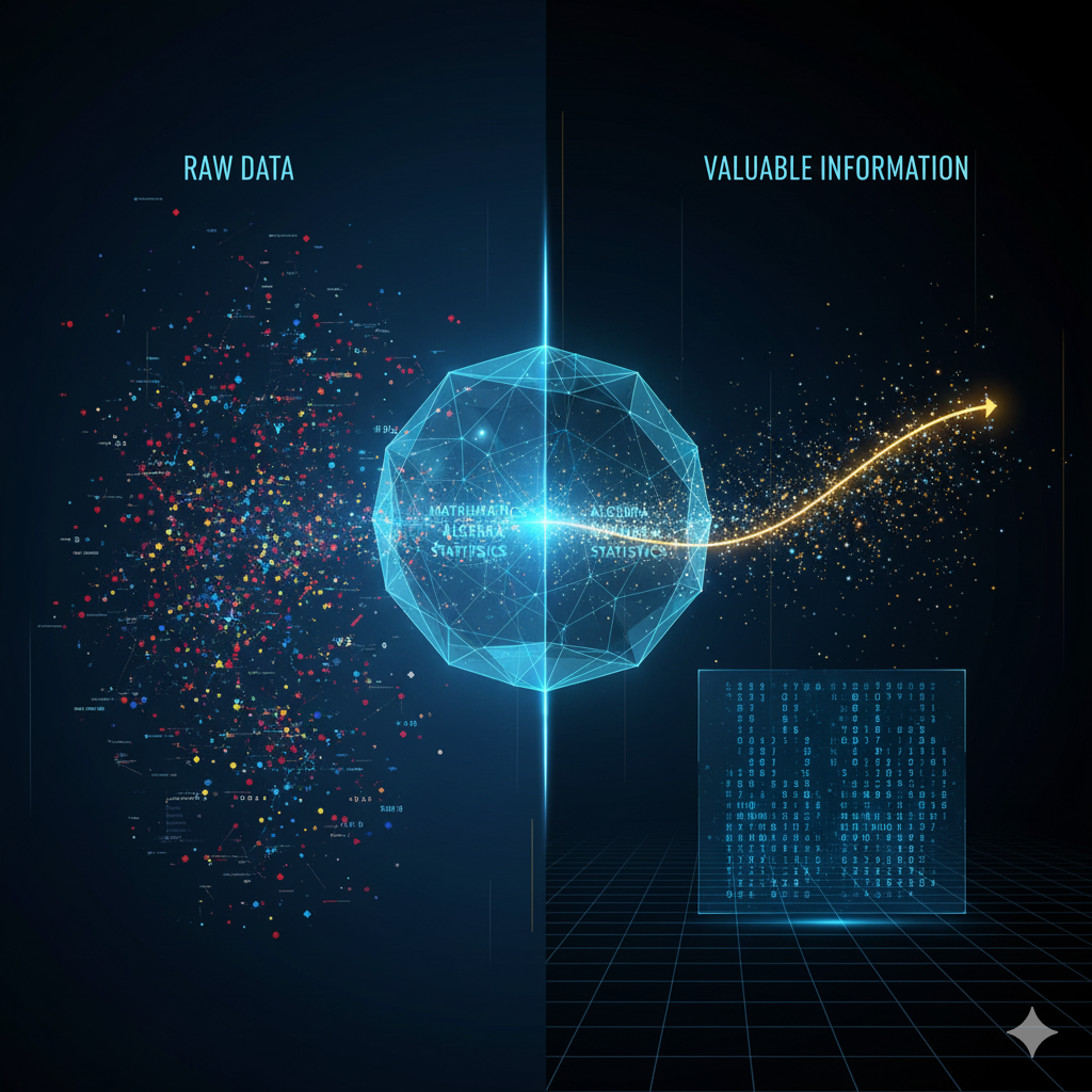 La Scena:
Un'immagine divisa in due, che mostra il processo di trasformazione del dato grezzo in informazione preziosa.

Sinistra (Il Caos): Una nuvola disordinata di punti colorati, numeri e frammenti di codice che fluttuano nel buio, come una tempesta digitale senza senso.
Destra (L'Ordine): La tempesta passa attraverso una "lente" geometrica (che rappresenta la Matematica). Dall'altra parte, i punti si allineano perfettamente.
I numeri formano una Matrice ordinata e luminosa.
I punti si dispongono lungo una curva di regressione (una linea elegante che attraversa i dati).
Una griglia vettoriale 3D sostiene tutta la struttura.
Significato:
La matematica (la lente centrale) è ciò che trasforma il rumore incomprensibile in una struttura chiara e utilizzabile per prendere decisioni.