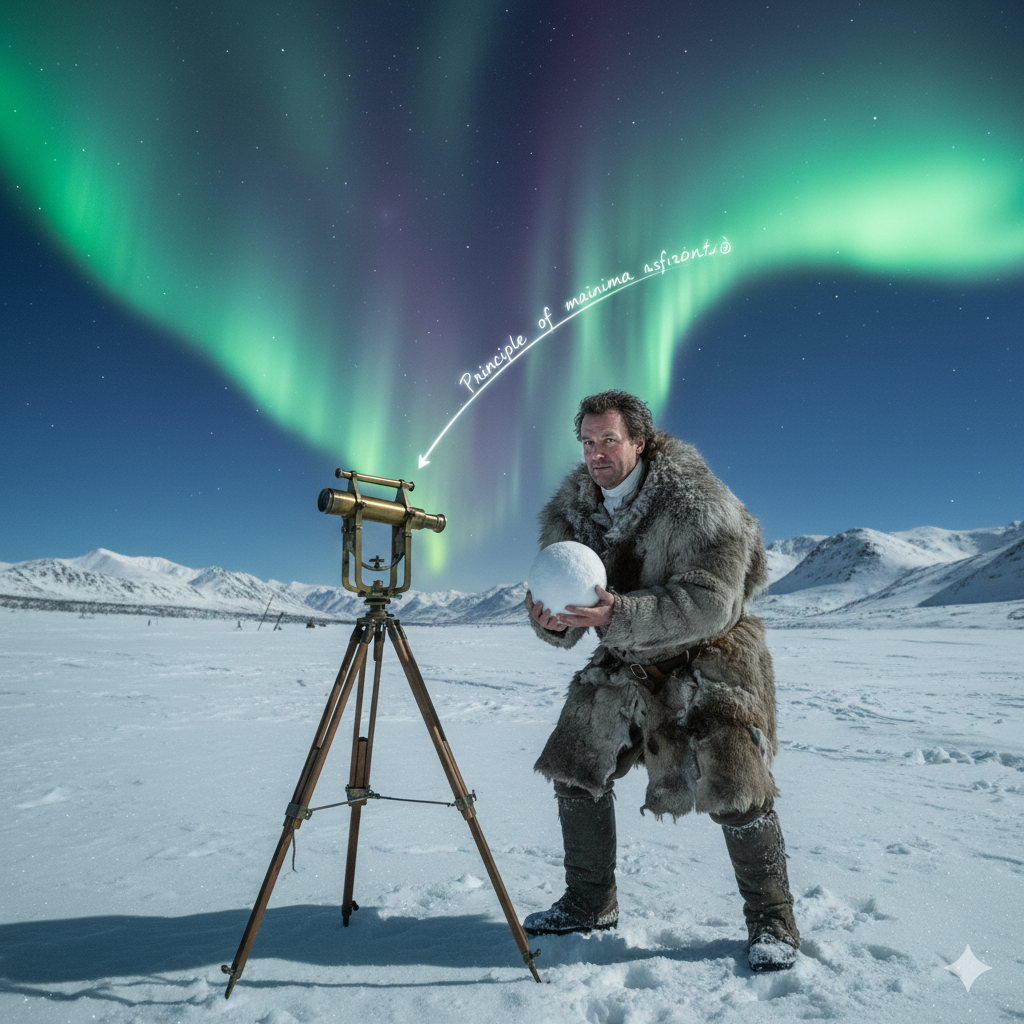La Scena: Il Gelo e la Verità
L'Ambientazione: Fiume Torne, Lapponia, inverno del 1736. Il mondo è bianco e blu. La temperatura è decine di gradi sotto lo zero. L'aurora boreale danza nel cielo come un fantasma verde.
Pierre Louis Maupertuis: È avvolto in strati di pellicce di renna, il viso quasi completamente coperto, le ciglia ghiacciate. Non sembra un damerino parigino; sembra un sopravvissuto. È in piedi accanto a un teodolite (uno strumento di misurazione) montato su un treppiede instabile nel ghiaccio.
L'Azione e gli Elementi Simbolici:

La Misura del Mondo:
Maupertuis guarda attraverso il mirino, puntando una stella (la Stella Polare) e poi un segnale di fuoco acceso su una montagna lontana.
Il Pensiero: "A Parigi bevono vino caldo e discutono di filosofia. Qui, se mi tolgo il guanto, perdo le dita. Ma qui, e solo qui, la geometria tocca la terra."
Il Mappamondo di Neve:
Per scaldarsi le mani, Maupertuis si china e raccoglie della neve fresca. La compatta in una palla perfetta.
La guarda. Pensa a Descartes che la vorrebbe allungata.
Poi, con un sorriso beffardo, preme le mani sui "poli" della palla di neve, schiacciandola leggermente finché non diventa un'arancia.
L'Epifania: "Newton aveva ragione. La rotazione vince sulla rigidità. Il mondo non è perfetto, è dinamico."
Il Minimo Sforzo:
Guarda un raggio di luce dell'aurora che colpisce il ghiaccio. Pensa al percorso che fa la luce.
Il Pensiero: "La luce sceglie sempre la via più veloce. La natura non spreca nulla. Forse c'è una legge più grande della gravità... una legge di economia divina."
L'immagine cattura il contrasto tra la brutalità fisica dell'esplorazione e l'eleganza astratta della scoperta, con un uomo che ridisegna la mappa del mondo usando il freddo come inchiostro.