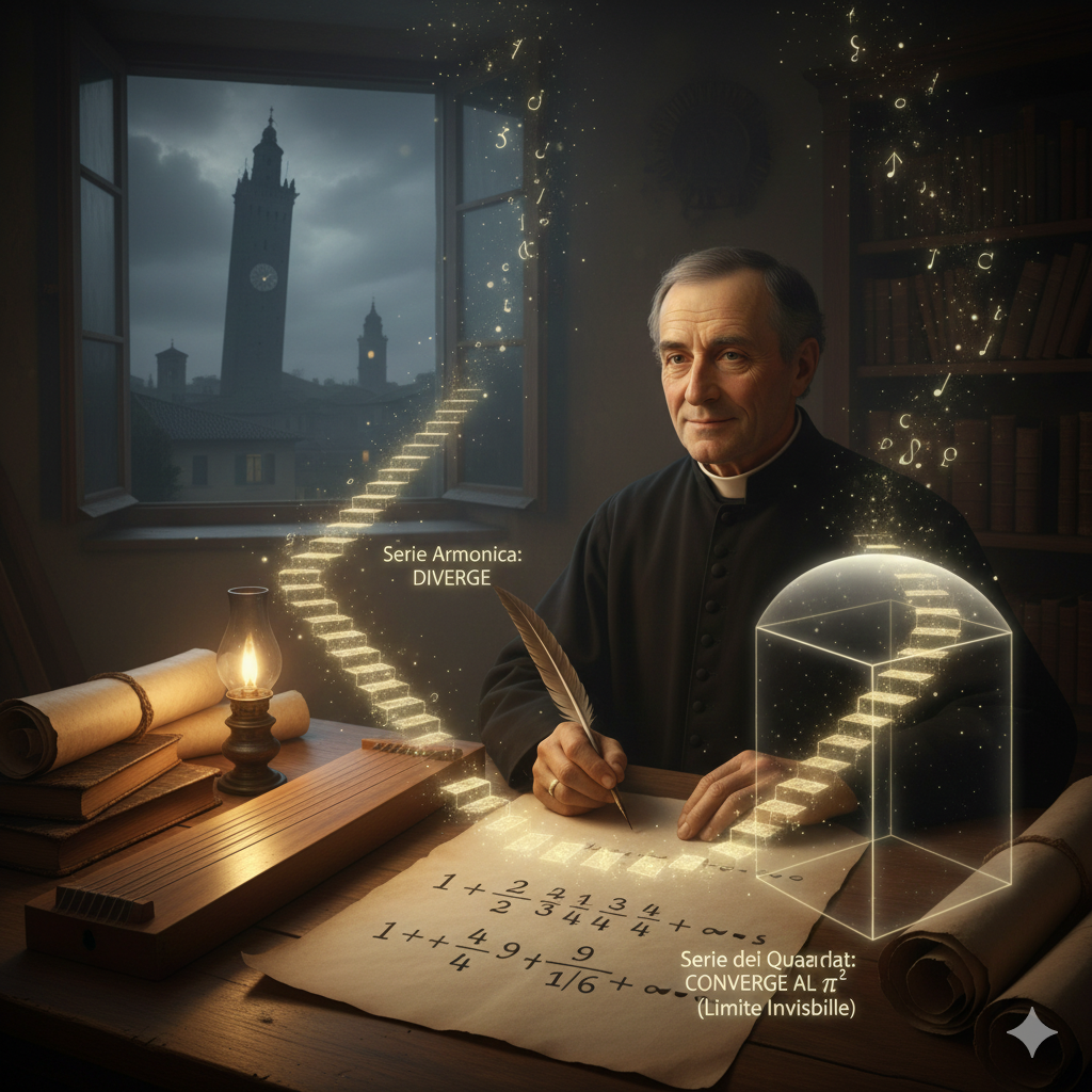  La Scena: La Scala Infinita verso il Cielo
L'Ambientazione: È una notte nebbiosa a Bologna, intorno al 1650. Siamo nella canonica della chiesa di Santa Maria Maddalena. La stanza è un rifugio caldo e silenzioso, foderato di legno scuro. Dalla finestra socchiusa, si intravede nel buio la sagoma pendente della Torre degli Asinelli. Il suono di una campana lontana segna l'ora.
Pietro Mengoli: È seduto al suo scrittoio, vestito con la semplice tonaca nera da prete. Il suo volto è sereno, illuminato dalla luce morbida di una lanterna. Non c'è la frenesia di Galois o la rabbia di Bolyai; c'è la pazienza metodica di chi è abituato a contemplare l'eternità.
L'Azione e gli Elementi Simbolici:
Il Monocordo (La Musica): Sul tavolo, accanto ai libri di preghiere, c'è uno strumento musicale semplice: un monocordo (una singola corda tesa su una cassa armonica). Mengoli lo ha appena pizzicato.
Il Pensiero: Ascolta la nota fondamentale. Poi preme la corda a metà ($1/2$), poi a un terzo ($1/3$), poi a un quarto ($1/4$). Sente gli armonici che salgono, sempre più acuti, svanendo nel silenzio.
La Serie Armonica (L'Abisso): Prende la penna e trasferisce quella musica sulla carta. Scrive la somma:
$$1 + \frac{1}{2} + \frac{1}{3} + \frac{1}{4} + \dots$$
Guarda questa sequenza. Sembra che i numeri diventino così piccoli da sparire. L'intuizione direbbe che la somma si ferma. Ma Mengoli vede oltre.
La Visione: Nella luce della candela, vede quei numeri come gradini di una scala. Anche se i gradini diventano microscopici, la scala non finisce mai. Continua a salire, lentamente, inesorabilmente, verso l'infinito. Non c'è un tetto. La serie diverge. È una scala che porta a Dio.
Il Muro dei Quadrati (Il Limite):
Poi, scrive un'altra serie, quella dei quadrati:
$$1 + \frac{1}{4} + \frac{1}{9} + \frac{1}{16} + \dots$$
Qui la visione cambia. I gradini si rimpiccioliscono così in fretta che la scala si ferma. C'è un soffitto invisibile, un numero preciso che la somma non supererà mai. Mengoli fissa quel limite invisibile. Sa che esiste, sa che è finito, ma non riesce a leggerne il numero (sarà Eulero a leggere $\pi^2/6$).
La Quiete:
Mengoli posa la penna. Non è frustrato dal non sapere il valore esatto. Sorride. Ha dimostrato che l'infinito matematico ha diverse forme: uno che scappa via e uno che si raccoglie in un abbraccio finito. Per un sacerdote matematico, questa è la forma più pura di preghiera.
L'immagine cattura la quiete di uno studio bolognese dove l'aritmetica delle somme infinite smette di essere un paradosso spaventoso e diventa un'armonia musicale e spirituale, pronta per essere consegnata a Leibniz.