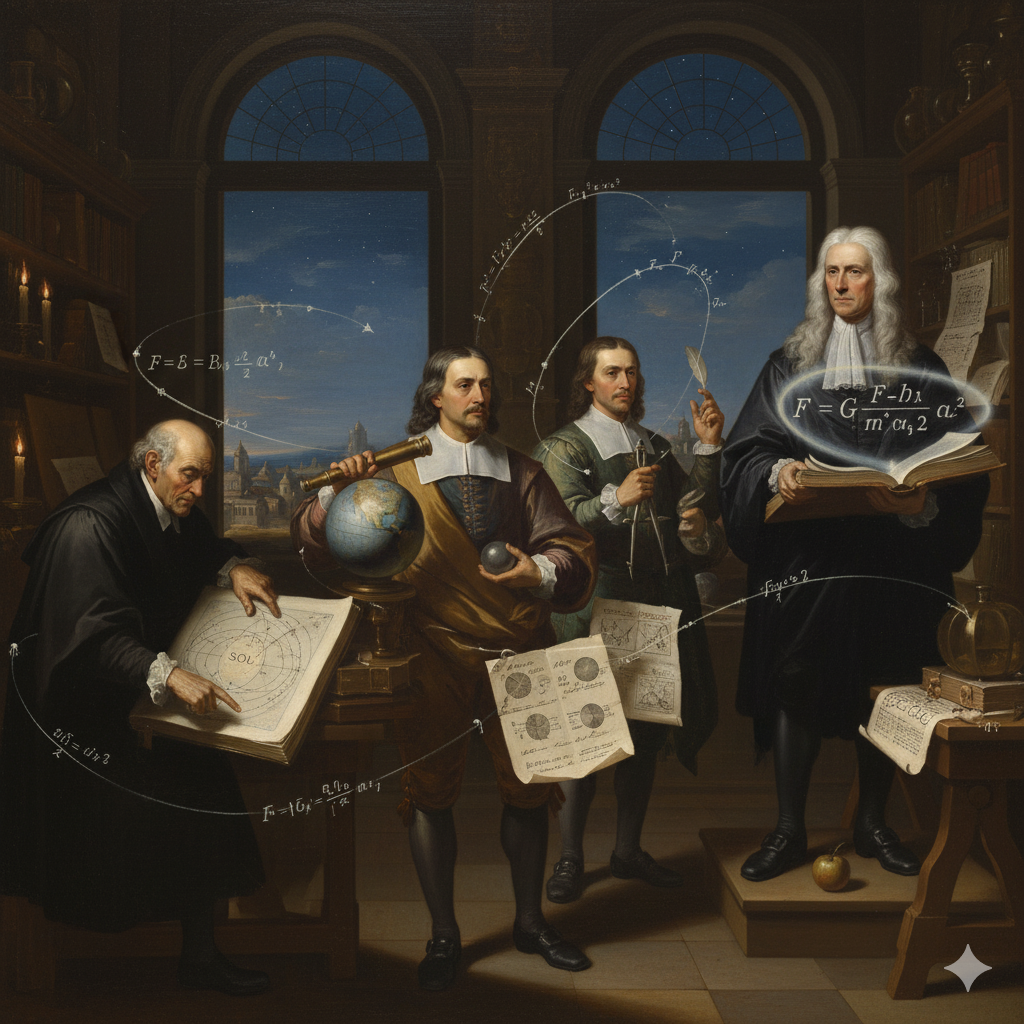 La Scena: L'Aurora della Nuova ScienzaL'Ambientazione: L'immagine è un collage ideale di luoghi e atmosfere, che fonde interno ed esterno. Potrebbe essere un'ampia sala studio, con grandi finestre che si aprono su un cielo notturno stellato. Sullo sfondo, si intravede l'orizzonte di una città europea del Seicento. La luce è un misto di chiarore lunare e fiamme di candele, che creano ombre lunghe e dinamiche.I Protagonisti e le Loro Azioni (simboliche):Niccolò Copernico (L'Iniziatore Silenzioso): In un angolo, un po' in ombra ma cruciale, c'è Copernico. È una figura più anziana, quasi spettrale, vestito con abiti da canonico, chino su un grande libro aperto. Non sta guardando gli altri, ma è assorto nei suoi calcoli. La sua mano indica un diagramma eliocentrico stilizzato sul libro, con il Sole al centro. La sua presenza è quella di chi ha acceso la miccia, ma da lontano.Galileo Galilei (L'Osservatore e Sperimentatore): Al centro della scena, Galileo è la figura dinamica. È in piedi, con un'espressione decisa e curiosa. Ha un cannocchiale puntato non direttamente verso il cielo, ma verso un globo terrestre illuminato dalla luce lunare. Con l'altra mano, tiene una sfera di piombo e un leggero piuma, quasi a voler dimostrare (o richiamare alla mente) l'esperimento sulla caduta dei gravi. La sua figura è circondata da manoscritti che mostrano sia le fasi di Venere che diagrammi di piani inclinati.Johannes Kepler (L'Armonista del Cosmo): Accanto a Galileo, ma con uno sguardo più contemplativo, c'è Keplero. È un uomo con abiti da studioso tedesco. Ha in mano un grande compasso e lo punta verso un diagramma di un'orbita ellittica che si disegna nell'aria, quasi una scia luminosa dietro di lui. Sulla sua tavola, ci sono calcoli astronomici complessi e la sua famosa formula $T^2 \propto a^3$, che lega periodi e distanze, come a voler mostrare la "musica delle sfere" che ha scoperto.Isaac Newton (Il Sintetizzatore Supremo): In piedi, leggermente più alto degli altri o su un piccolo rialzo, Newton domina la scena. I suoi lunghi capelli fluiscono sulle spalle. Il suo sguardo è grave e penetrante, fisso su tutti gli altri elementi. Nelle sue mani tiene un grande libro aperto: i suoi Principia Mathematica. Una mela è appoggiata sul libro (o sta cadendo da un albero stilizzato sullo sfondo), e sopra la mela, come un'aura, si materializza la sua formula di gravitazione universale $F = G \frac{m_1 m_2}{r^2}$. Sembra che egli stia connettendo tutti i punti, unificando cielo e terra con la sua matematica.L'immagine catturerebbe il momento in cui questi quattro giganti, ognuno con il proprio strumento e la propria visione, stanno tessendo la trama della nuova scienza, dimostrando che l'universo è governato da leggi matematiche precise.
