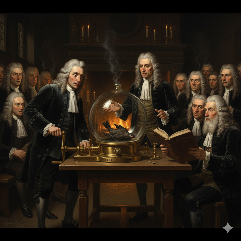 La Scena: Il Vuoto in una Stanza
L'Ambientazione: Londra, 1660. Una sala del Gresham College. L'atmosfera è carica di fumo di tabacco e curiosità. Uomini con parrucche lunghe e abiti di velluto scuro sono seduti su panche di legno o in piedi, sporgendosi in avanti. Non c'è il silenzio religioso di una chiesa, ma il brusio eccitato di un mercato.
I Protagonisti:
Al centro della sala, su un tavolo robusto, c'è una macchina strana: una grossa sfera di vetro collegata a una pompa di ottone azionata a manovella. È la Macchina Pneumatica (Air Pump).

Robert Hooke: È lui che opera la macchina. È un uomo dall'aspetto curvo, magro, con occhi grandi e inquieti e mani sporche di grasso e inchiostro. Gira la manovella con sforzo ritmico.
Robert Boyle: È in piedi accanto a lui, nobile, composto, che spiega alla platea cosa sta succedendo.
L'Azione e gli Elementi Simbolici:

L'Uccellino nella Sfera:
Dentro la sfera di vetro c'è un piccolo uccellino. All'inizio saltella vivace.
Boyle alza una mano: "Osservate. Non è la magia che agisce. È l'assenza d'aria."
Hooke pompa. L'aria esce sibilando.
La Prova Visibile:
L'uccellino inizia a barcollare. Il respiro si fa affannoso. Poi, cade su un fianco, immobile (solo svenuto, verrà salvato reintroducendo l'aria subito dopo, come spesso facevano).
Un mormorio corre tra i gentiluomini. Hanno appena visto l'invisibile: hanno visto che l'aria non è "nulla", ma è una sostanza vitale, e che il vuoto può essere creato dall'uomo.
Il Motto Vivente:
In un angolo, un membro anziano tiene in mano un libro di Aristotele, dove sta scritto che "La natura aborre il vuoto". Guarda il libro. Guarda l'uccellino svenuto nel vuoto artificiale.
Chiude il libro.
La verità non è più nella carta stampata. È lì, sotto il vetro, visibile a tutti. "Nullius in verba".
L'immagine cattura il momento esatto in cui l'autorità del passato crolla di fronte all'evidenza dell'esperimento, sotto gli occhi vigili del primo vero "laboratorio" dell'umanità.