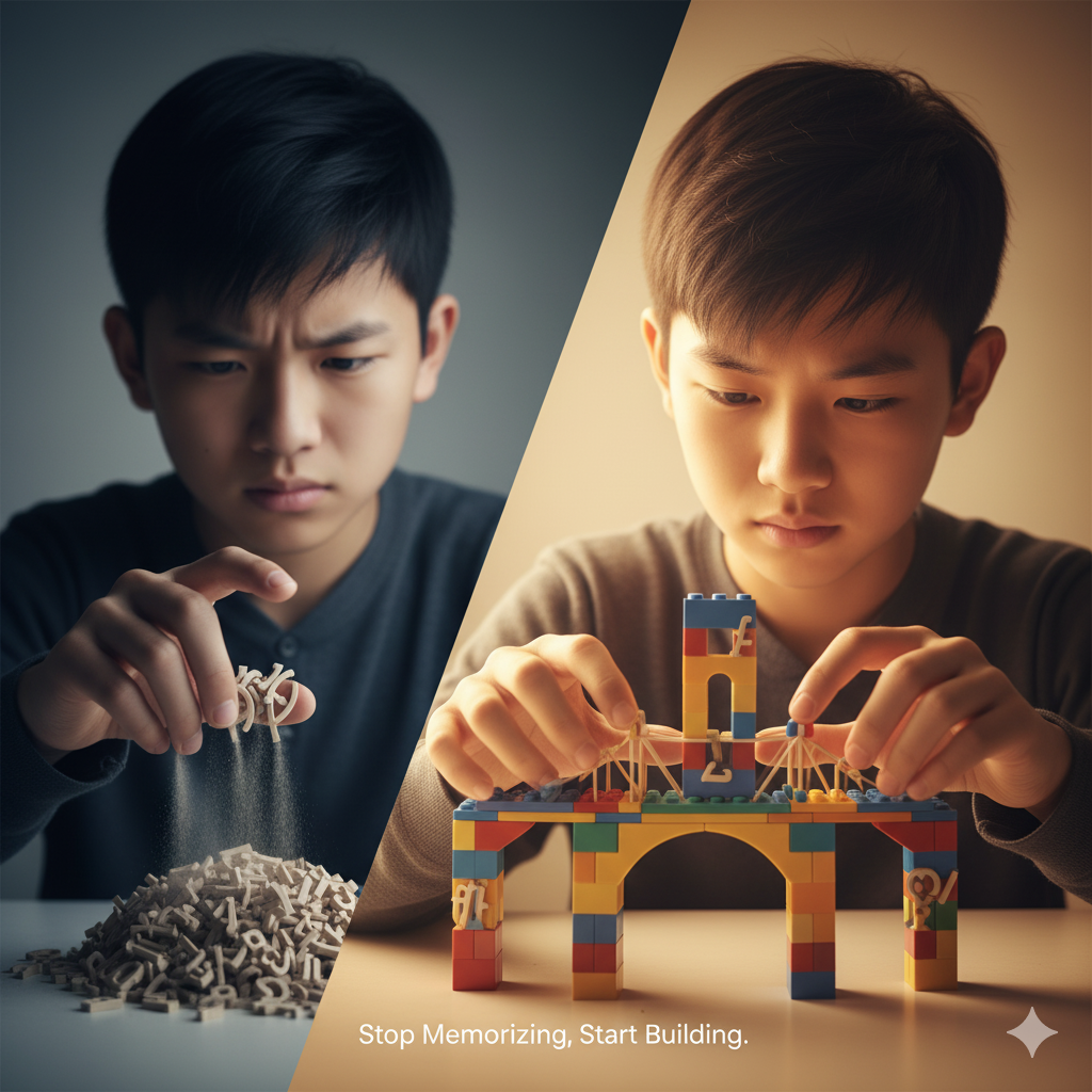 itolo suggerito per l'immagine: "Smetti di Memorizzare, Inizia a Costruire."
La Scena:
Immaginiamo una scena divisa idealmente in due. Non da una linea netta, ma da un cambio di atmosfera. Al centro c'è la figura di uno studente, seduto a una scrivania.
La Parte "Sbagliata" (Studio Passivo):
A sinistra della figura (o nella parte di scrivania davanti a lui), vediamo un mucchio caotico di simboli matematici (numeri, $f(x)$, $\int$, $\sum$). Sono gettati lì come lettere di una zuppa, senza ordine, piatti, bidimensionali e confusi.
La figura dello studente guarda questo mucchio con un'espressione confusa e frustrata.
Con una mano, cerca di "afferrare" questi simboli, ma questi sembrano quasi scivolare via, o dissolversi tra le dita. Rappresenta il tentativo inutile di "afferrare" la memoria a breve termine. L'illuminazione qui è più fredda e cupa.
La Parte "Giusta" (Studio Attivo):
A destra della figura (o nella parte di scrivania verso cui si sta girando), la scena cambia radicalmente.
Gli stessi identici simboli matematici ($\int$, $\sum$, $f(x)$) non sono più un mucchio caotico, ma hanno preso la forma di mattoncini solidi, tridimensionali (come dei LEGO).
La figura dello studente, ora con un'espressione concentrata, calma e risoluta, sta usando questi mattoncini. Con l'altra mano, sta metodicamente costruendo una struttura ordinata: un ponte, una torre, una scala. Qualcosa che ha una logica, dove ogni pezzo si incastra perfettamente nel successivo.
Questa struttura che sta costruendo è stabile, solida e si erge verso l'alto.
L'illuminazione su questo lato è calda, chiara e focalizzata, quasi come se la luce provenisse dalla struttura stessa che sta costruendo.
Le Emozioni da Trasmettere:
La transizione: Dalla confusione del "guardare" (il mucchio) alla chiarezza del "fare" (la costruzione).
Controllo vs. Caos: Il metodo trasforma il caos informe in una struttura controllata.
Soddisfazione: La calma e la concentrazione della figura mentre costruisce, in contrasto con la frustrazione di quando cercava di afferrare.
Questa immagine cattura l'essenza dell'articolo: la matematica non si memorizza (il mucchio), si costruisce attivamente (i mattoncini).