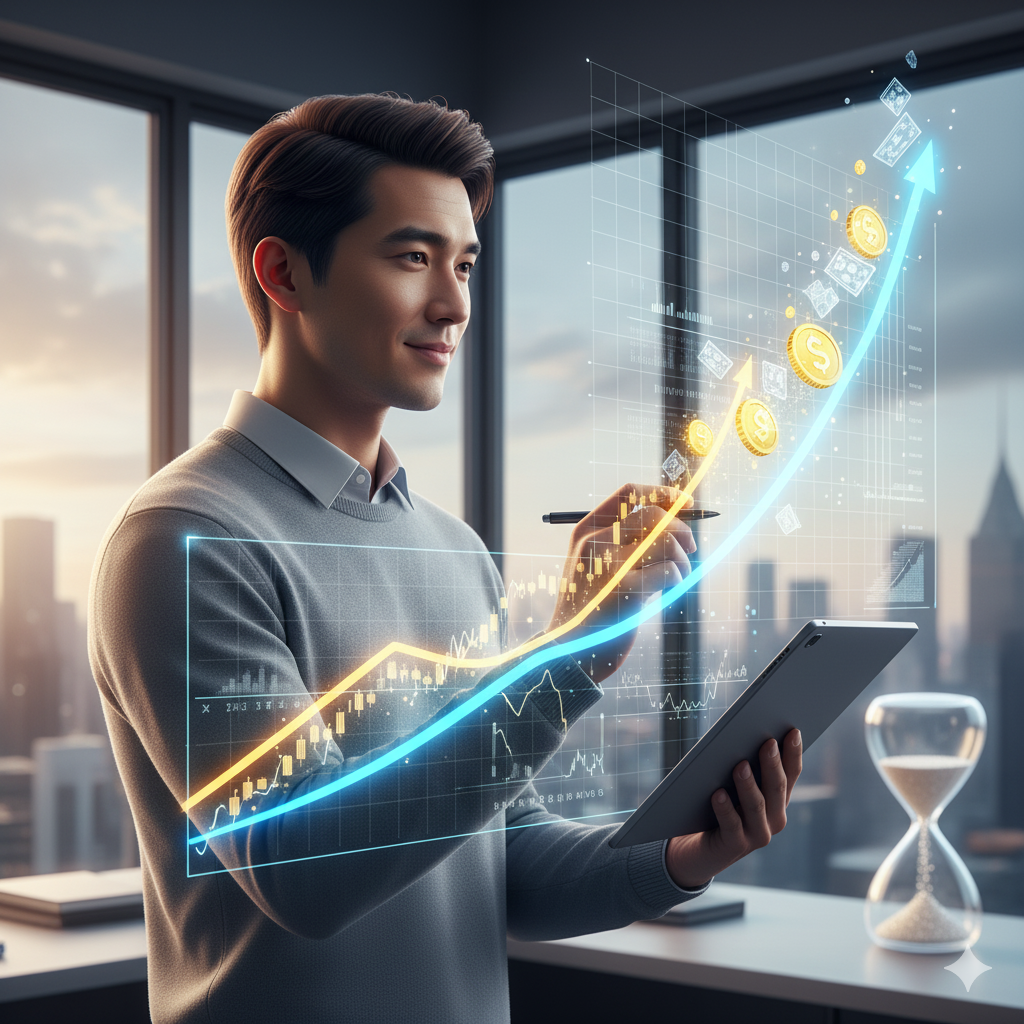 Descrizione della scena (Prompt per generazione immagine):
L'immagine ritrae un giovane studente o giovane professionista (maschio o femmina) visto di tre quarti o di spalle, che guarda verso il futuro con sicurezza e dominio. Non sta subendo la matematica, la sta orchestrando.
Si trova in un ambiente moderno e luminoso (un'aula studio minimalista o un ufficio con vetrate). Davanti a lui, sospesi nell'aria o proiettati da un tablet che tiene in mano con disinvoltura, ci sono grafici finanziari luminosi (neon azzurro o verde ologramma).
Questa volta i grafici non sono caotici, ma ordinati e in crescita esponenziale: una linea curva che sale verso l'alto (interesse composto) che si trasforma visivamente da una semplice linea matematica a una rappresentazione di monete d'oro o banconote stilizzate, a simboleggiare la trasformazione della teoria in ricchezza reale.
Il soggetto ha un dito alzato o una penna in mano, come se stesse "disegnando" il grafico o prendendo una decisione strategica. L'espressione (se visibile di profilo) è di lieve sorriso soddisfatto, concentrazione serena e intelligenza.
Sullo sfondo, sfocato ma luminoso, c'è un orologio o una clessidra stilizzata che non rappresenta più il tempo che scade (ansia), ma il tempo che lavora per lui (interesse).
L'atmosfera generale è di chiarezza cristallina, successo, controllo e modernità. Colori dominanti: Bianco, Blu elettrico, Oro (per i soldi/successo).