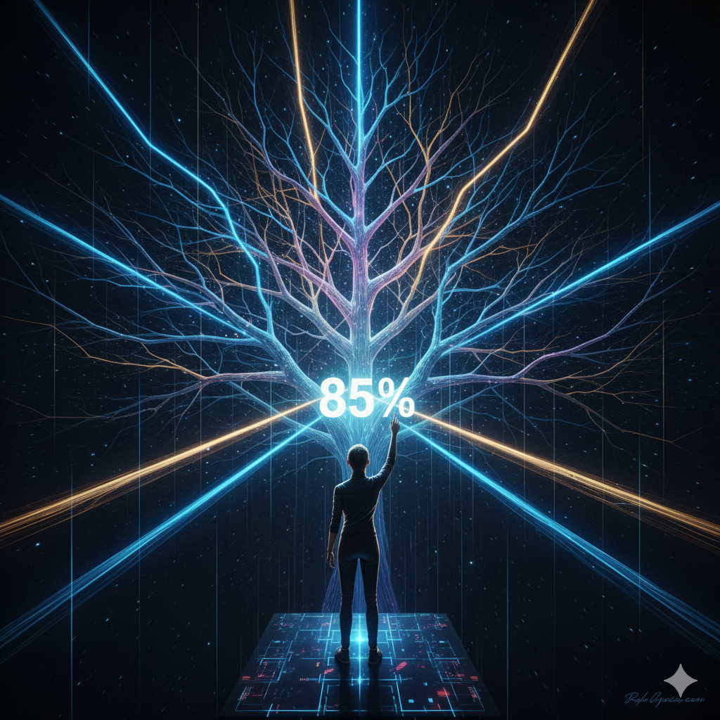 Descrizione Immagine:
Un'immagine futuristica e suggestiva che rappresenta la "visione del futuro".

Scena: Una figura umana vista di spalle, in piedi su una piattaforma digitale sospesa nel vuoto. Davanti a lei si apre un universo di linee luminose al neon (blu, viola e oro) che si diramano in varie direzioni, come un immenso albero decisionale o una rete neurale olografica.
Dettaglio: Ogni ramo rappresenta una "possibilità". Alcuni rami sono più spessi e luminosi (alta probabilità), altri sono sottili e trasparenti (bassa probabilità).
Azione: La figura tocca uno di questi flussi di luce con un dito e, nel punto di contatto, appare una percentuale fluttuante in 3D (es. "85%").
Atmosfera: L'immagine trasmette controllo sul destino e capacità di previsione. Non è caos, è una mappa complessa ma leggibile del futuro. Sfondo scuro per far risaltare i "sentieri" luminosi della probabilità.