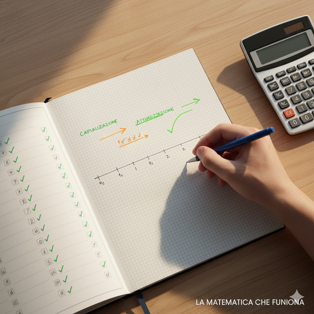 Obiettivo: Trasmettere ordine, metodo e successo accademico tramite la pratica.
Descrizione:
L'immagine mostra una scrivania vista dall'alto (flat lay) o leggermente di taglio, perfettamente organizzata, che trasmette una sensazione di "controllo" e non di caos.
Al centro c'è un quaderno o un foglio a quadretti dove una mano (di uno studente) sta disegnando con una penna blu un Asse dei Tempi (una linea orizzontale con le scadenze $t_0, t_1, t_2...$).
Sopra l'asse, in modo chiaro, sono disegnate delle frecce che portano gli importi indietro nel tempo (attualizzazione) o avanti (capitalizzazione). Le frecce sono evidenziate in arancione o verde, a indicare la soluzione logica.
Accanto al quaderno c'è una calcolatrice scientifica e, dettaglio fondamentale, un Eserciziario aperto (che simboleggia il tuo prodotto) con dei checkmark verdi ✓ spuntati accanto agli esercizi, a indicare progresso e correttezza.
La luce è calda, naturale, da "pomeriggio di studio produttivo". Non c'è ansia, ma la soddisfazione di chi sta capendo come risolvere il puzzle.