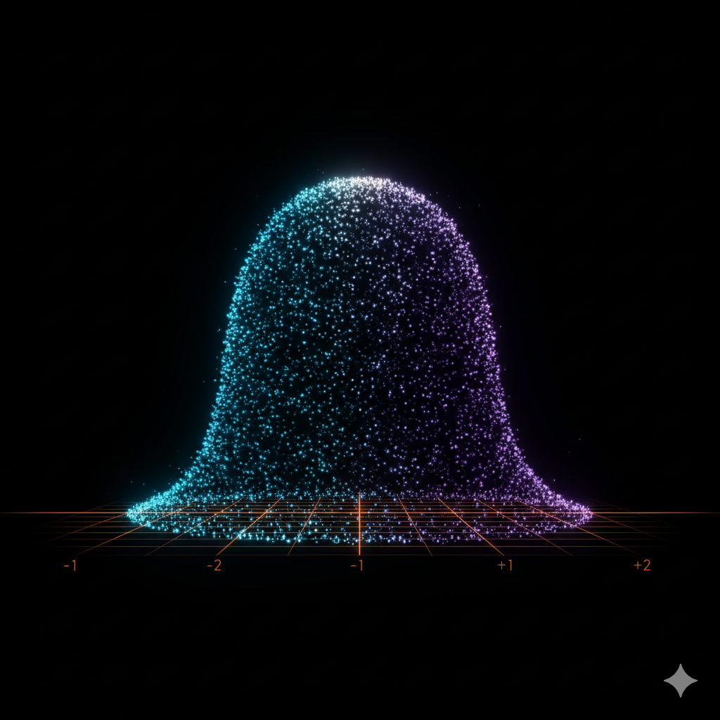 Descrizione Immagine:
Un'immagine futuristica ed eterea che rappresenta l'ordine nel caos.

Soggetto: Una "campana" tridimensionale perfetta, formata non da linee solide, ma da migliaia di piccoli punti luminosi (come lucciole o pixel al neon blu e ciano) che fluttuano nel buio.
Dettaglio: Al centro della campana (la media), la luce è intensissima, quasi bianca, a indicare la massima concentrazione di dati. Verso le code, i puntini si diradano diventando viola scuro fino a svanire nel nero.
Elemento Tecnico: Una griglia laser sottile e arancione attraversa la base della campana, segnando le deviazioni standard (-1, -2, +1, +2) come se fosse un piano di scansione digitale.
Atmosfera: Trasmette l'idea che la matematica sia la struttura nascosta e luminosa della realtà. Unisce natura (i punti sparsi) e rigore (la forma perfetta).