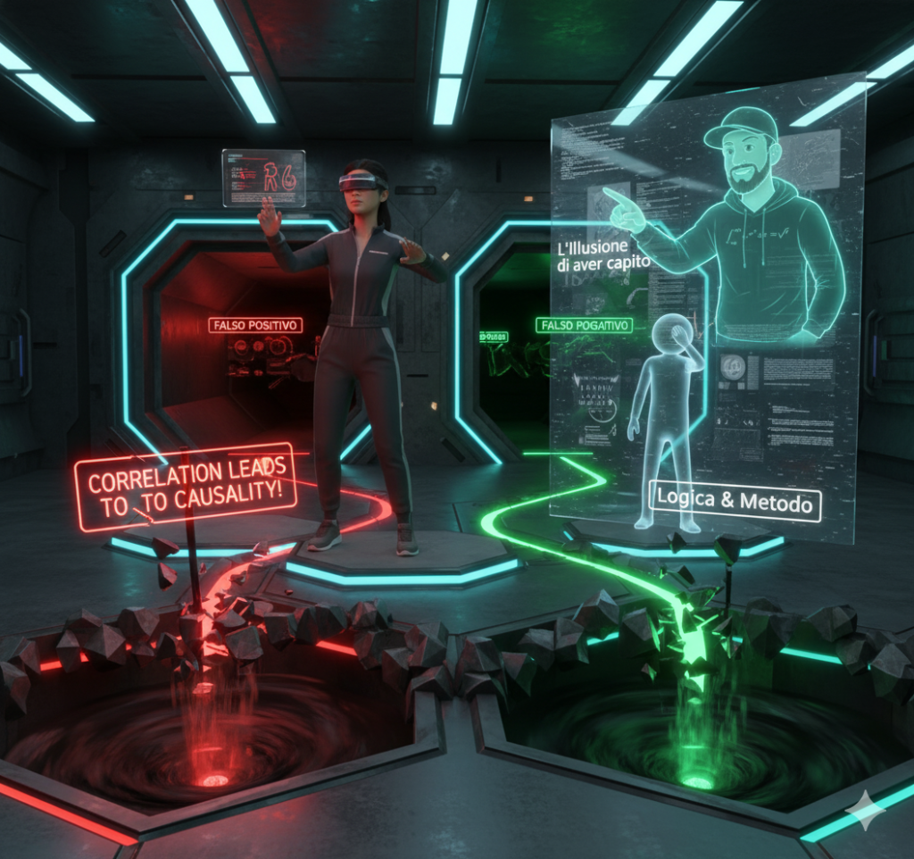 Tema: "La Mappa degli Errori: Navigare con Sicurezza tra i Tranelli"
Scena:
Un ambiente digitale futuristico, una sorta di "campo di addestramento" olografico dove i concetti statistici si manifestano come ostacoli interattivi. Al centro, uno studente (o studentessa) è equipaggiato con un visore VR/AR leggero e un'interfaccia olografica che lo aiuta a "vedere" gli errori.
Dettagli Chiave:

Il Percorso Iniziale: Lo studente è su una piattaforma luminosa. Davanti a lui si apre un percorso, ma è disseminato di trappole visibili solo con il visore.
La Trappola 1 (Correlazione/Causalità): Il primo ostacolo è un ponte crollato o una voragine. Sull'ingresso del ponte c'è un'insegna olografica fuorviante che dice "Correlazione porta a Causalità!" e un simbolo di divieto rosso che lampeggia, come un cartello stradale sbagliato. Dalla voragine, fili di luce rossa (errore) si estendono, indicando un vicolo cieco.
La Trappola 2 (Errori Tipo I e II): Più avanti, il percorso si divide in due tunnel. Uno è illuminato di un rosso aggressivo con la scritta "Falso Positivo" e l'altro di un verde scuro che nasconde l'uscita con la scritta "Falso Negativo". I tunnel sono stretti e claustrofobici.
La Trappola 3 (Pratica Passiva): Un gigantesco muro trasparente di vetro, su cui sono proiettate pagine di libri e grafici statici. Un omino stilizzato (rappresentante lo studente) sta sbattendo contro questo muro, mostrando frustrazione. L'etichetta sopra dice "L'Illusione di aver capito".
Il Mentore Guida (La Soluzione): Al lato dello studente, proiettata come un ologramma discreto o un'interfaccia AI, c'è una figura stilizzata di un mentore (simbolizzando te, Andrea). Questa figura mostra un percorso alternativo sicuro, illuminato da una luce verde rassicurante, che aggira tutti gli ostacoli. Le frecce indicano il modo corretto di procedere.
Atmosfera: L'immagine è dinamica e un po' tesa, ma la presenza del mentore (o della guida) e il percorso sicuro illuminato trasmettono speranza e la promessa di superamento. I colori variano dal rosso/arancione (pericoli) al blu/verde (sicurezza/soluzione).
Questa immagine dovrebbe evocare un senso di sfida ma anche di guida esperta, spingendo lo studente a cercare la soluzione per evitare queste trappole.
