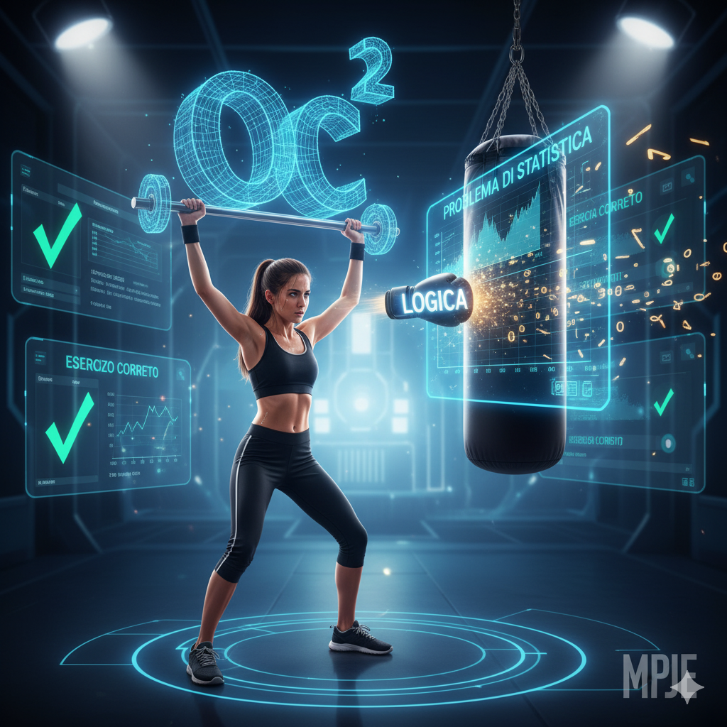Descrizione Immagine:
Tema: "La Palestra della Mente: Allenamento Intensivo"
Scena:
Un ambiente astratto che ricorda una palestra futuristica o un "Dojo" digitale, pulito e luminoso.
Dettagli Chiave:
Il Soggetto: Uno studente (o studentessa) in abbigliamento comodo e sportivo, ma invece di sollevare pesi fisici, sta "sollevando" o maneggiando grandi numeri e simboli tridimensionali (es. una $\Sigma$ pesante, una varianza $\sigma^2$). È sudato ma determinato, con un'espressione di sforzo positivo.
L'Attrezzo: Davanti a lui c'è un sacco da boxe o un manichino da allenamento su cui è proiettato un grafico complesso o un problema statistico difficile.
L'Azione: Lo studente sta colpendo il problema con un "guantone" su cui è scritto "LOGICA" o sta incastrando l'ultimo pezzo di un'equazione gigante con soddisfazione.
Sfondo: Alle pareti della palestra, invece di specchi, ci sono schermi olografici che mostrano Excel con le spunte verdi di "Esercizio Corretto", come se fosse il punteggio della gara.
Emozione: Trasmette l'idea che la statistica non è magia, è allenamento. Fatica oggi, vittoria domani. Mostra la gratificazione della pratica costante.