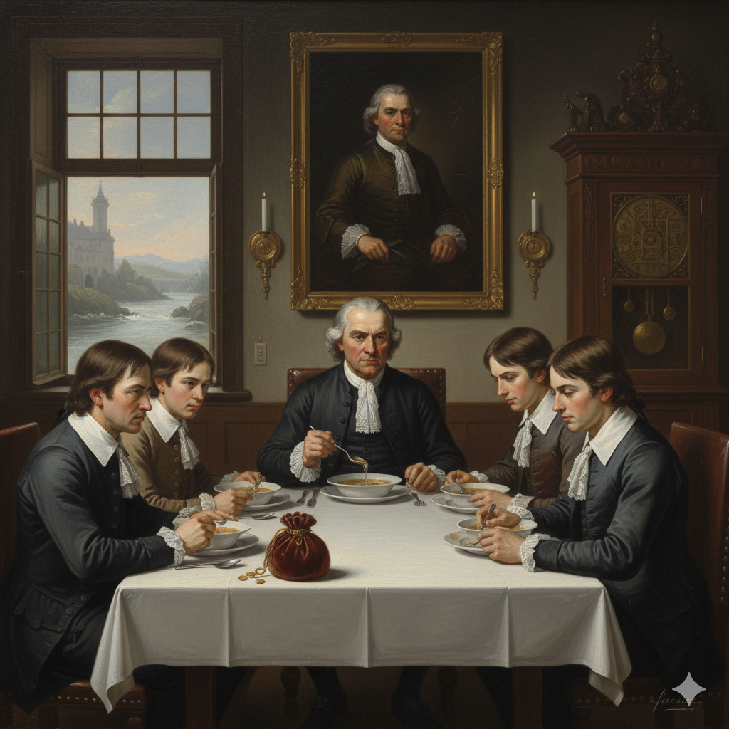  La Scena: La Cena del Silenzio
L'Ambientazione: Basilea, 1725. La sala da pranzo della casa di Johann Bernoulli è austera, con mobili in legno scuro e un grande ritratto di famiglia (senza Jakob, il fratello odiato) alla parete. Fuori scorre il Reno, veloce e grigio.
I Protagonisti:
A capotavola siede Johann, ormai cinquantenne, il "Leone". Ha lo sguardo severo, controlla ogni movimento.
Alla sua destra siede il giovane Daniel, 25 anni, brillante ma sottomesso.
Intorno, altri figli e nipoti (Nicolaus, Johann II), tutti con l'aria tesa.
L'Azione e gli Elementi Simbolici:

La Zuppa e il Fluido:
Daniel sta mangiando la zuppa. Osserva il liquido muoversi nel cucchiaio.
Il Pensiero di Daniel: "Se soffio sulla zuppa, il livello cambia. Pressione e velocità... c'è una legge lì dentro." Vorrebbe parlarne, ma ha paura.
L'Interrogatorio:
Johann posa il cucchiaio con un rumore secco."Allora, Daniel. Ho sentito che stai lavorando sull'acqua che scorre nei tubi. Spero tu non stia usando i vecchi metodi di tuo zio Jakob. Sono spazzatura."
La voce è tagliente. Non è l'interesse di un padre; è l'indagine di un rivale.
La Menzogna Protettiva:
Daniel abbassa lo sguardo. Sa di aver scoperto qualcosa di rivoluzionario (la conservazione dell'energia nei fluidi), ma sa anche che se lo dice, suo padre se ne approprierà."Solo tentativi, padre. Nulla di che. Mi concentro sulla medicina, come volete voi."
L'Atmosfera:
Il silenzio torna a dominare la tavola, rotto solo dal ticchettio di un orologio a pendolo (la cui meccanica è matematica). In quella stanza ci sono le menti più brillanti d'Europa, ma non c'è amore. C'è solo una competizione soffocante. L'aria è pesante, carica di equazioni non dette e di rancori antichi.
L'immagine cattura il paradosso dei Bernoulli: una fucina di geni dove l'intelletto fioriva, ma gli affetti morivano schiacciati dall'ego.