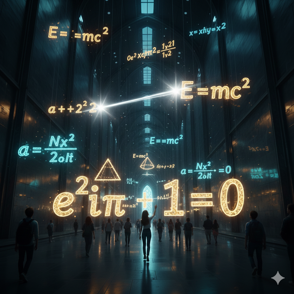 La Scena:
Un'immagine che ricorda l'interno di un museo d'arte moderna o una cattedrale di luce.
L'Ambiente: Un corridoio vasto, con pareti scure e riflettenti.
Le Opere: Al posto dei quadri, sospese a mezz'aria e fatte di pura luce (neon oro, bianco, ciano), ci sono le 7 Equazioni. Fluttuano come sculture olografiche.
In primo piano, l'identità di Eulero ($e^{i\pi} + 1 = 0$) brilla più forte delle altre.
I Visitatori: Alcune persone (studenti, curiosi) camminano nel corridoio, guardando le formule con ammirazione, come se fossero opere d'arte.
Il Dettaglio: Una delle figure tocca leggermente una formula e questa emette un'onda di luce che si trasforma in realtà (es. l'equazione di Maxwell diventa un raggio di luce, Pitagora diventa un triangolo perfetto).
Significato:
La matematica è l'arte suprema. È bella da vedere, ma a differenza di un quadro, se la tocchi crea la realtà.