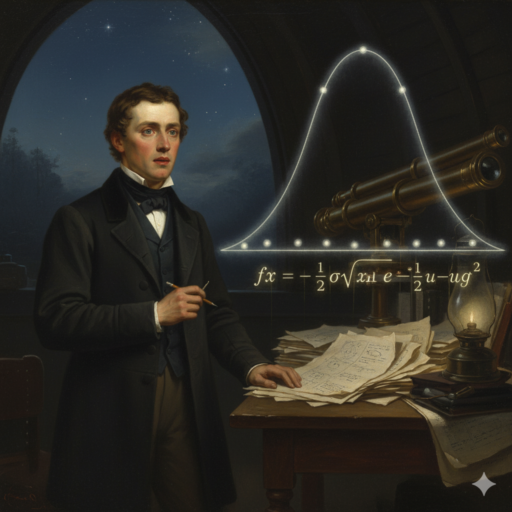 La Scena: L'Ordine Emerge dal Caos StellareL'Ambientazione: È una notte gelida e chiara del gennaio 1802 a Braunschweig, Germania. Ci troviamo nell'osservatorio privato di Carl Friedrich Gauss. La stanza è spartana, ma dominata da un grande telescopio puntato verso un'apertura nel soffitto. Sul tavolo, accanto a una lanterna ad olio che proietta ombre tremolanti, ci sono montagne di calcoli su fogli ingialliti, diagrammi di orbite planetarie e le poche, frammentate osservazioni dell'asteroide Cerere fatte da Piazzi. Un'atmosfera di urgenza e disperazione scientifica permea l'aria.Carl Friedrich Gauss: È un giovane uomo, poco più che ventenne, ma il suo volto è già segnato da una concentrazione sovrumana. È in piedi davanti al tavolo, con una matita spezzata in mano. Non ha dormito per giorni. La sua postura è quella di chi sta per crollare per la fatica, ma la sua mente è più acuta che mai.L'Azione e gli Elementi Simbolici:Il Caos dei Dati: Gauss fissa i suoi calcoli. Vede solo numeri discordanti, le "poche e imprecisissime" osservazioni di Cerere. Ogni punto dato da Piazzi è "sbagliato" a modo suo, ma quale è più "sbagliato"? Come estrarre l'ordine da questo rumore?Il Pensiero (Il Conflitto): "Ogni misurazione è un errore. Ma gli errori... gli errori non possono essere casuali. Devono avere un ordine, una logica nascosta. La natura è ordinata. Dove si nasconde questo ordine?"La Materializzazione della Curva: In quel momento di profonda disperazione e lucidità, la luce della lanterna comincia a tremolare violentemente. Sull'aria scura, proprio sopra il tavolo dove giacciono i fogli disordinati, una forma inizia a materializzarsi lentamente. È una figura eterea, lattiginosa, che pulsa di una luce propria: la Curva a Campana.La curva appare come un fantasma matematico, un'onda di probabilità. È alta al centro, indicando la "vera" posizione del pianeta, e si allarga dolcemente ai lati, mostrando che gli errori più grandi sono sempre più improbabili.Ogni "punto" di Cerere osservato da Piazzi si illumina e "sfarfalla" sulla base della curva, dimostrando quanto sia "vicino" o "lontano" dal centro ideale.La Formula Incisa nell'Aria: Contemporaneamente, come se fosse soffiata dal respiro del cosmo, la formula della distribuzione normale (la $f(x) = \frac{1}{\sigma\sqrt{2\pi}} e^{-\frac{1}{2}\left(\frac{x-\mu}{\sigma}\right)^2}$) appare incisa in fili di luce dorata, galleggiando sotto la campana, collegando la forma visibile alla sua struttura matematica.L'Epifania: Gauss alza lo sguardo sulla campana. I suoi occhi si spalancano. Un singolo, acuto respiro gli sfugge dalle labbra.Il Pensiero (La Rivelazione): "Ecco! Gli errori non sono nemici. Sono la chiave! Ogni errore ha una 'probabilità' di esistere. La vera orbita è quella che rende gli errori osservati... i più 'probabili' di tutti!"Ha capito. Non deve eliminare gli errori, ma usarli. La curva a campana gli sta mostrando la "migliore" soluzione. Il caos dei dati sparsi è, in realtà, un ordine celato, una probabilità che la matematica può misurare e sfruttare.Gauss afferra di nuovo il gessetto. La curva a campana e la formula svaniscono lentamente come fantasmi, ma il loro messaggio è inciso nella sua mente. Ha trovato la chiave per domare l'incertezza, per riportare alla luce il pianeta perduto e, nel farlo, ha gettato le basi della statistica moderna.