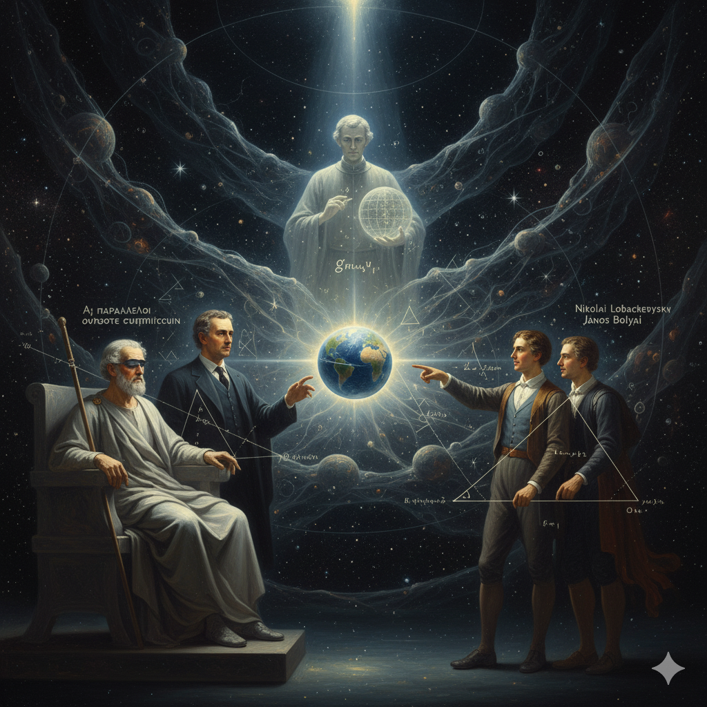 La Scena: La Terra Incurvata e i Mappatori del Cosmo
L'Ambientazione: È un etereo non-luogo, una sorta di "Camera delle Idee", dove spazio e tempo si confondono. Non è una stanza, ma una vasta distesa scura punteggiata da stelle lontane. La luce proviene da un unico punto centrale.

Al Centro (Il Conflitto e la Rivelazione): Al centro esatto della scena, sospesa nell'oscurità come una gemma, c'è una Terra Stilizzata e Incurvata. Non è una sfera perfetta euclidea. La sua superficie, sebbene ancora riconoscibile, mostra sottili linee di curvatura, come se un gigantesco peso invisibile la stesse deformando. Intorno a questa Terra, l'intera struttura dell'universo è suggerita come una vasta rete di fili di luce che si incurvano attorno a masse invisibili, rivelando uno spaziotempo non piatto, ma elastico e deformato.

I Matematici (Gli Interpreti): Intorno a questa Terra e a questa rete cosmica, disposti in un semicerchio, ci sono i "fantasmi" luminosi e trasparenti dei matematici chiave. Non sono figure agitate, ma osservatori concentrati, come antichi filosofi intenti a decifrare un oracolo.

Euclide: Seduto su una sorta di trono immateriale, Euclide è il più anziano, la sua figura è massiccia e immobile. Fissa la Terra, ma i suoi occhi sembrano incapaci di vedere le curvature. È ancora legato alle sue linee rette e ai suoi angoli perfetti. La sua espressione è di perplessa rigidità.

Il Pensiero (L'Antico Credo): "Le parallele non si incontrano mai. Lo spazio è piatto. Questa 'curvatura' è un'illusione."

Carl Friedrich Gauss: In piedi, con un'espressione di profonda ma nascosta comprensione. La sua mano è tesa verso la Terra, come a voler toccare la sua superficie deformata. I suoi occhi vedono le curvature che Euclide non può vedere.

Il Pensiero (La Scoperta Segreta): "Ho visto questa curvatura nel mio spirito. So che esiste, ma il mondo non era pronto. Ho dovuto nasconderla, ma è qui, è la verità."

Nikolaj Lobačevskij e János Bolyai: Stanno fianco a fianco, più giovani e audaci. Puntano entrambi con entusiasmo alla Terra e all'universo curvo, come esploratori che hanno appena scoperto una nuova terra. I loro volti mostrano la gioia della scoperta e la sfida di rompere i dogmi.

Il Pensiero (La Negazione): "Il V postulato è una scelta! Possiamo negarlo e il mondo non crolla! Guardate! Lo spazio può curvarsi in questo modo!"

Bernhard Riemann: L'ultimo e il più etereo. È in piedi leggermente arretrato, con una postura quasi sacerdotale. Non guarda solo la Terra, ma l'intera rete cosmica che la circonda. Nelle sue mani immateriali, regge un piccolo globo terrestre, ma non è solo liscio: ha incise sopra delle griglie complesse, delle "metriche" che descrivono ogni possibile curvatura. La sua espressione è di pacata, profonda saggezza.

Il Pensiero (La Generalizzazione): "Non è questione di Euclide o Iperbolica. È questione di geometria intrinseca. La curvatura non è esterna, è parte dello spazio stesso. La geometria dell'universo è la sua metrica."

L'immagine cattura il momento storico in cui la geometria si evolve, non più come una descrizione statica di un mondo piatto, ma come un linguaggio dinamico e flessibile capace di interpretare le infinite forme dell'universo. I matematici, prima in conflitto con un dogma millenario, ora sono i mappatori di un cosmo che si rivela più complesso e meraviglioso che mai.