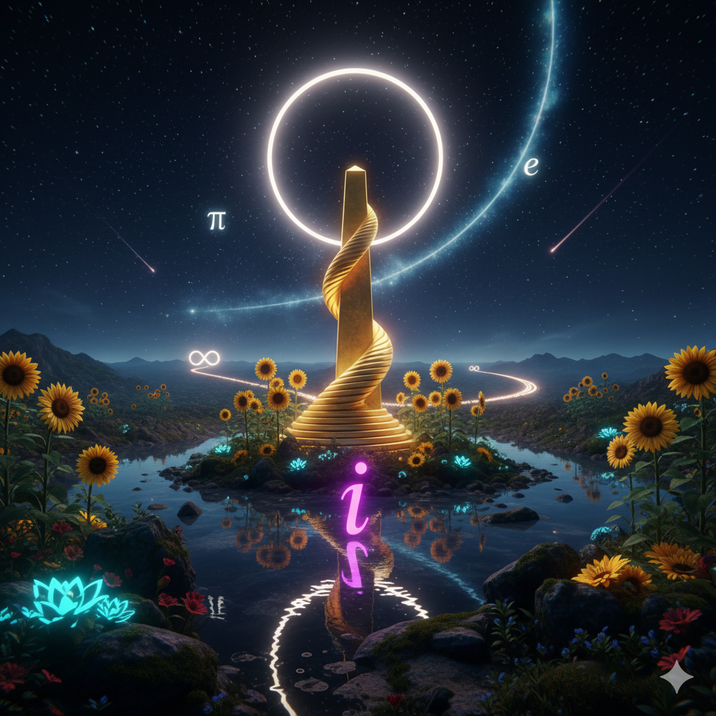 La Scena:
Un paesaggio onirico, quasi un giardino zen sospeso nello spazio.
Al Centro: Un grande monolite o una scultura d'oro a forma di spirale aurea ($\phi$), circondata da fiori (girasoli) che seguono la stessa geometria.
Il Cielo: Nel cielo scuro e stellato, al posto della luna, c'è un cerchio perfetto luminoso ($\pi$). Una scia di stelle forma una curva esponenziale che sale verso l'alto ($e$).
Il Dettaglio: Riflesso in un piccolo specchio d'acqua ai piedi della scultura, si vede un numero che "non dovrebbe esserci" o che brilla di una luce diversa (viola/magica): la lettera $i$, a simboleggiare la dimensione immaginaria nascosta sotto la realtà.
L'Orizzonte: Lontano, la strada si perde in un punto di fuga che non finisce mai, marchiato dal simbolo $\infty$.
Significato:
Ogni numero costruisce un pezzo della realtà: la forma, la crescita, la bellezza, l'infinito.