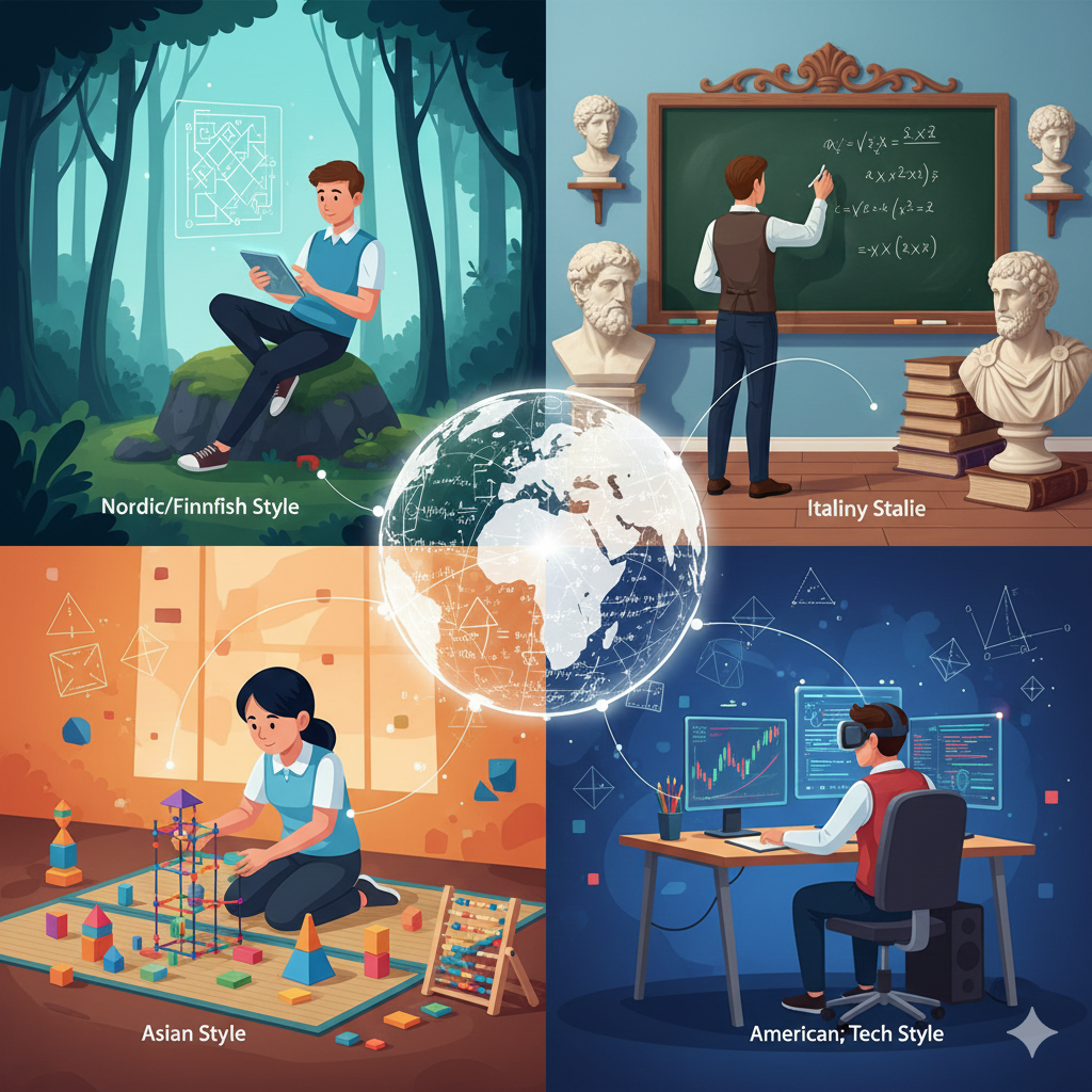 La Scena:
Un'immagine che rappresenta la diversità globale nell'approccio alla matematica.
Al centro c'è un tavolo rotondo o un globo stilizzato fatto di formule matematiche luminose. Intorno, ci sono tre o quattro studenti/figure che rappresentano i diversi approcci, ognuno con uno strumento diverso in mano:

Stile Asiatico: Una figura che sta costruendo una struttura geometrica complessa usando blocchi fisici colorati (Metodo Singapore/Concreto), con grande precisione.
Stile Nordico/Finlandese: Una figura rilassata, seduta nel verde o in un ambiente minimalista, che risolve un enigma logico su un tablet, senza libri pesanti intorno.
Stile Italiano/Classico: Una figura davanti a una lavagna nera tradizionale, che sta scrivendo un'elegante dimostrazione teorica con il gesso, circondata da busti di filosofi o libri antichi.
Stile Americano/Tech: Una figura con un visore VR o un laptop, che guarda un grafico di borsa o un codice di programmazione (Applicazione Pratica).
Significato:
Tutti guardano lo stesso oggetto centrale (la Verità Matematica), ma da prospettive diverse. L'immagine suggerisce che unendo queste visioni si ottiene la comprensione completa.