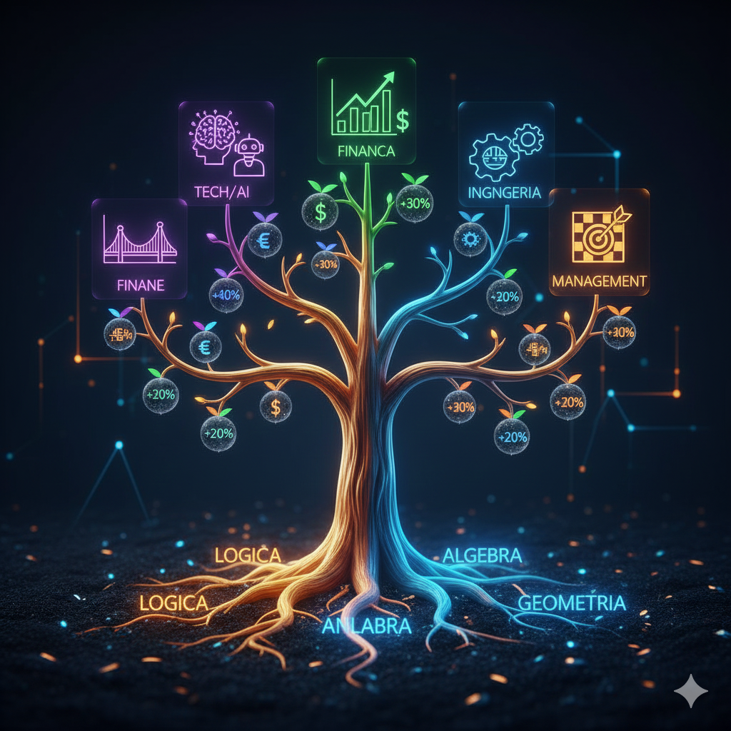 La Scena:
Un'infografica 3D artistica, luminosa e pulita.

Le Radici: Al centro, in basso, ci sono delle solide radici dorate o blu elettrico che affondano nel terreno. Sulle radici sono scritte le parole chiave dei fondamentali: "Logica", "Algebra", "Analisi", "Geometria".
Il Tronco: Un tronco robusto che sale verso l'alto, rappresentando la formazione universitaria.
I Rami (Le Carriere): L'albero si dirama in 4-5 grandi rami principali, ognuno con un colore distintivo e un'icona olografica che fluttua sopra:
Ramo Viola (Tech/AI): Icona di un cervello digitale o un robot.
Ramo Verde (Finanza): Icona di un grafico di borsa in crescita.
Ramo Blu (Ingegneria): Icona di un ponte o un ingranaggio.
Ramo Arancione (Management): Icona di una scacchiera o un target.
I Frutti: Appesi ai rami, ci sono piccoli "frutti" luminosi che contengono i simboli di valuta (€/$) e le percentuali di crescita (es. "+45%").
Significato:
Visualizza immediatamente che tutte le carriere più ricche e diverse nascono dalla stessa radice matematica. Senza radici forti, non ci sono frutti.