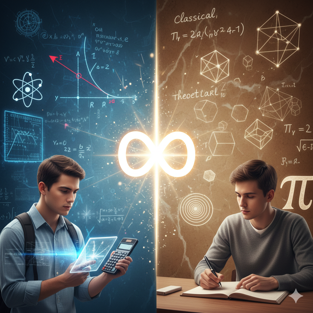 La Scena:
Un'immagine divisa a metà verticalmente, ma unita al centro.
Lato Sinistro (Scientifico):
Sfondo tecnologico, blu elettrico e bianco. Vediamo formule di fisica, traiettorie di proiettili (parabole), vettori di forza e il simbolo dell'atomo. Uno studente usa un tablet o una calcolatrice grafica. L'atmosfera è dinamica, veloce.
Lato Destro (Classico):
Sfondo color pergamena o marmo caldo. Vediamo le stesse formule, ma scritte in modo elegante, affiancate da solidi platonici (geometria perfetta), sezioni auree e forse una lettera greca ($\pi$, $\Sigma$). Uno studente scrive su un quaderno ordinato. L'atmosfera è riflessiva, logica.
Il Centro (L'Unione):
Le due metà non sono separate da un muro, ma si fondono in un simbolo matematico centrale luminoso (es. il simbolo dell'Infinito $\infty$ o un uguale $=$).
Significato:
Mostra che, sebbene l'estetica e l'approccio siano diversi (Pratica vs Teoria), il nucleo centrale (la Verità Matematica) è identico e unisce i due mondi.