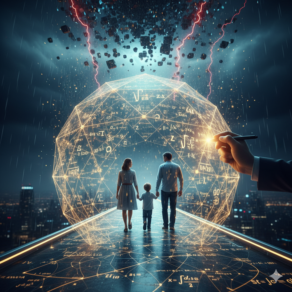 Descrizione Scena per l'Immagine (Prompt)
Obiettivo: Rappresentare visivamente il concetto di "Protezione calcolata matematicamente".
Descrizione:
L'immagine raffigura una famiglia stilizzata (genitori e bambino) o una singola persona che cammina su un percorso sospeso.
Sopra di loro, una pioggia fitta (che simboleggia i rischi della vita: imprevisti, incidenti) sta cadendo.
Tuttavia, non vengono bagnati perché sono protetti da un grande ombrello o scudo traslucido e luminoso.
La particolarità è la trama di questo ombrello: non è tessuto, ma è formato da una fitta rete di formule matematiche luminose (simboli attuariali come $lx, dx, qx$) e numeri intrecciati che respingono la pioggia.
Di lato, una mano professionale (dell'attuario/assicuratore) sta tenendo il manico dell'ombrello o disegnando lo scudo con una penna digitale, a simboleggiare che è il calcolo matematico a fornire la protezione reale.
L'atmosfera è di sicurezza in mezzo alla tempesta. Colori: Blu rassicurante, Oro per le formule protettive.