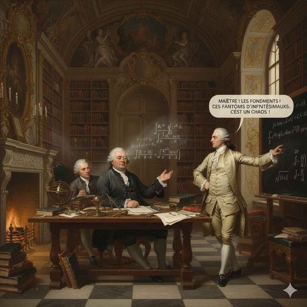 L'Incontro dei Virtuosi: Potenza contro EleganzaLa scena è ambientata nella sontuosa biblioteca dell'Accademia di Berlino, sotto il regno di Federico il Grande. La sala è in stile rococò, illuminata da candelabri, con immense librerie che arrivano fino al soffitto a volta.Al centro, due uomini rappresentano i poli opposti del genio matematico:Leonhard Euler (Eulero): È seduto, ma domina la stanza. È un uomo robusto, vestito con semplicità. Il dettaglio che colpisce è il suo sguardo: un occhio è cieco, l'altro velato dalla cataratta. Non ha bisogno di vedere la lavagna; è quasi completamente cieco. Attorno a lui, sul tavolo, sono accatastate pile precarie di manoscritti: fogli sulla meccanica dei fluidi, la teoria dei numeri e le orbite lunari. Nonostante la cecità, detta formule complesse a uno scrivano con una calma serena e un'autorità assoluta, come se leggesse la matematica da un libro interiore. La sua è la potenza dell'intuizione pura.Joseph-Louis Lagrange: È più giovane, snello, ed elegantissimo. Indossa una parrucca incipriata e un abito di seta francese. Non riesce a stare fermo. Sta camminando avanti e indietro sul pavimento a scacchi di marmo, tormentato. Ignora Eulero e fissa una grande lavagna. La lavagna è coperta dai simboli del Calcolo di Leibniz ($dx$, $dy$). Lagrange è visibilmente frustrato: ammira la potenza del Calcolo (che lui stesso usa), ma è ossessionato dalla sua mancanza di rigore.L'Azione: Eulero ha appena finito di dettare una formula complessa. C'è silenzio. Lagrange si ferma, si volta verso il maestro cieco e, con un misto di venerazione e impazienza, indica la lavagna con un gesto secco: "Maestro," (dice in francese, la loro lingua comune) "i risultati sono innegabili. Ma le fondamenta! Questi... fantasmi di infinitesimi! È un caos. Dobbiamo trovare un fondamento algebrico puro!"Eulero sorride appena, sereno nella sua oscurità, sicuro della verità delle sue formule, mentre Lagrange, l'analista tormentato, ha già iniziato a gettare il ponte verso l'Età del Rigore.