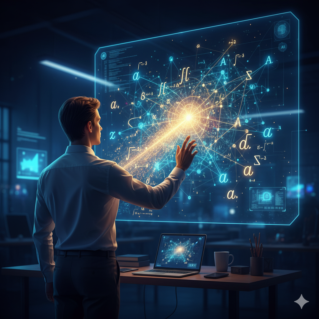 Titolo: "L'Architetto dell'Intelligenza"
La Scena:
Un'immagine suggestiva che unisce l'elemento umano e quello digitale.
In primo piano, di spalle o di profilo, c'è una persona (uno studente o un giovane professionista). Non sta digitando freneticamente su una tastiera. È in piedi, calmo, con una mano alzata come un direttore d'orchestra.
Davanti a lui, fluttuante nell'aria o proiettata su un grande schermo olografico trasparente, c'è la rappresentazione visiva di un'Intelligenza Artificiale.
Non è un robot metallico cliché. È una struttura elegante fatta di nodi e connessioni luminose (una rete neurale), ma con un dettaglio fondamentale: i collegamenti sono fatti di simboli matematici.
Si vedono chiaramente matrici $[\dots]$, simboli di sommatoria $\Sigma$, e il simbolo della derivata parziale $\partial$.
Il concetto visivo:
La persona non sta "subendo" l'IA. La sta costruendo o dirigendo grazie alla matematica. Dalla mano della persona parte un flusso di luce (con equazioni sottili) che va a nutrire e ordinare la rete neurale.
Lo sfondo è scuro ma caldo (blu profondo e viola), mentre la matematica brilla di una luce dorata o ciano, simbolo di chiarezza e potere.
L'Emozione:
Controllo, visione, futuro. L'idea che la matematica sia il "telecomando" per gestire la tecnologia più potente del mondo.
Con questo articolo chiudiamo la serie principale! Abbiamo creato un percorso narrativo coerente che va dalla psicologia ("non sono portato") ai dati economici ("quanto guadagno") fino alla visione futuristica ("lavorare con l'IA").