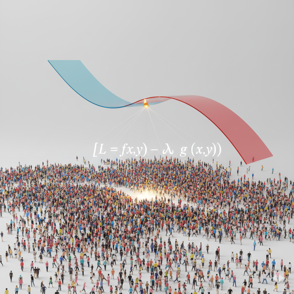 La Scena:
Un'immagine pulita e concettuale che fonde comportamento umano e rigore matematico.
Sfondo: Bianco o grigio chiaro, minimalista.
Il Soggetto: Una folla stilizzata di persone (piccole icone) o merci che si muovono in modo caotico.
La Struttura: Sopra la folla, fluttua una struttura geometrica tridimensionale elegante: due superfici curve (trasparenti, una blu e una rossa) che rappresentano funzioni di utilità o curve di domanda/offerta aggregate in 3D.
L'Intersezione: Le due superfici si intersecano in una linea o un punto preciso. Quel punto brilla di luce dorata.
Il Dettaglio: Accanto al punto luminoso, una formula matematica (Lagrangiana $\mathcal{L} = f(x,y) - \lambda g(x,y)$) "ancora" il punto, dimostrando che l'equilibrio sociale è tenuto insieme da un vincolo matematico.
Significato:
La matematica mette ordine nel caos delle scelte umane. L'equilibrio non è un caso, è un calcolo preciso di ottimizzazione vincolata.