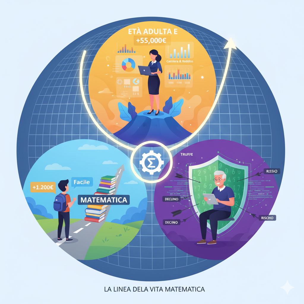 Titolo: "La Linea della Vita Matematica"
La Scena:
Un'immagine divisa orizzontalmente che rappresenta il "timeline" di una vita, da sinistra (giovinezza) a destra (anzianità), in un ambiente luminoso e pulito.

Sfondo: Un grafico cartesiano stilizzato e luminoso che attraversa tutta l'immagine, salendo costantemente verso destra, come una linea di crescita finanziaria e personale.
Sinistra (Giovinezza): Un ragazzo/a con uno zaino che guarda un bivio. Una strada ha un cartello "Facile" (in discesa), l'altra "Matematica" (in salita, fatta di libri/gradini). Sulla strada in salita c'è un piccolo simbolo "+1.200€".
Centro (Età Adulta): Una figura professionale (uomo o donna) su una vetta, con un laptop aperto da cui escono ologrammi di dati (grafici a torta, istogrammi). Sopra di lui/lei, una proiezione eterea mostra la scritta "+55.000€" e "Carriera & Reddito".
Destra (Anzianità): Una persona anziana, dall'aspetto vitale e sorridente, che usa un tablet. Intorno a lui c'è un'aura di protezione (come uno scudo stilizzato fatto di numeri e simboli matematici) che respinge frecce scure etichettate "Truffe" o "Declino".
L'Emozione:
L'immagine deve trasmettere un senso di progresso, sicurezza e vitalità. Non è la matematica "fredda" delle formule, ma la matematica come "superpotere" che ti accompagna, ti arricchisce e ti protegge per tutta la vita. Colori dominanti: Blu rassicurante, Oro per il successo/guadagno, Verde per la salute/longevità.