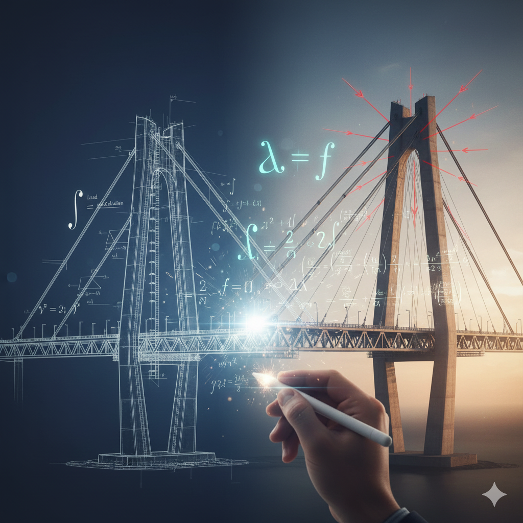 La Scena:
Un'immagine che sovrappone il disegno tecnico alla realtà fisica.
Soggetto: Un grande ponte moderno o un motore complesso, parzialmente "reale" e parzialmente "disegno tecnico" (blueprint blu con linee bianche).
La Sovrapposizione Matematica:
Sulle parti "blueprint", non ci sono solo quote, ma formule luminose che ne spiegano la stabilità.
Sull'arco del ponte, l'integrale che calcola il carico.
Sui piloni, i vettori forza (frecce rosse) e le matrici di tensione.
Sulle curve aerodinamiche, il simbolo del gradiente ($\nabla f$).
L'Azione: Una mano (di un ingegnere) tiene una matita o un tablet e sta "disegnando" una formula; nel punto in cui la formula è completa, il disegno diventa oggetto reale (acciaio e cemento).
Significato:
La matematica è l'ossatura invisibile che permette al disegno di diventare realtà sicura. Senza le formule, la struttura non regge.