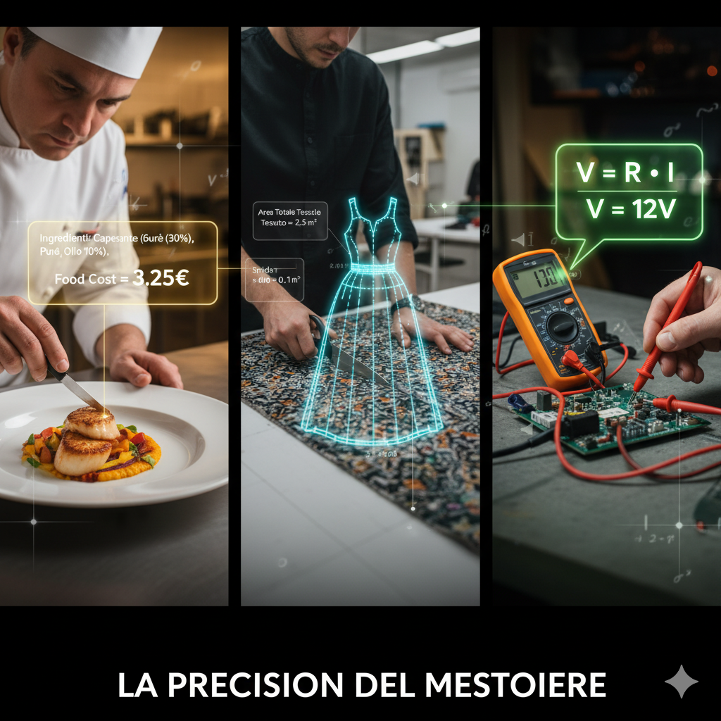 Titolo: "La Precisione del Mestiere"
La Scena:
Un collage dinamico o una scena divisa in tre spicchi, che mostra l'applicazione pratica in tre settori chiave, uniti da un filo conduttore grafico (una linea di calcolo luminosa).
Settore Cucina: Uno chef sta impiattando con precisione. Sopra il piatto, in sovraimpressione leggera, si vedono le percentuali degli ingredienti e il calcolo del costo ("Food Cost = ...").
Settore Moda: Un tavolo da taglio con tessuti e forbici. Sopra il tessuto, linee geometriche tratteggiate mostrano come il cartamodello viene scalato e ottimizzato per evitare sprechi (area e perimetro).
Settore Tecnico: Un meccanico o elettricista con un multimetro in mano. Dal display dello strumento esce un "fumetto" con una semplice equazione ($V = R \cdot I$) che viene risolta all'istante.
Significato:
L'immagine trasmette l'idea che la matematica è "invisibile ma ovunque". Non è sui libri, è nelle mani del professionista che lavora con precisione e competenza.