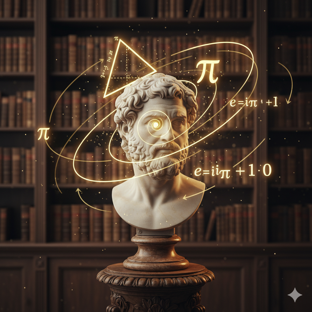 Titolo: "L'Armonia dei Due Mondi"
La Scena:
Un'immagine evocativa che fonde l'estetica classica con il rigore matematico.
Al centro, su un piedistallo o una scrivania di legno antico, c'è un busto di marmo greco (potrebbe ricordare Platone, Pitagora o una statua classica generica).
L'atmosfera è quella di uno studio classico, con libri rilegati in pelle sullo sfondo.
Tuttavia, intorno alla testa della statua, non c'è staticità.
Fluttuano nell'aria, come pensieri luminosi e dorati, simboli matematici e forme geometriche perfette.
Un triangolo rettangolo luminoso (Teorema di Pitagora).
La lettera greca $\pi$ (Pi Greco) che brilla.
Una sezione aurea (la spirale di Fibonacci) che si sovrappone perfettamente alle proporzioni del viso della statua.
Formule eleganti (come l'identità di Eulero $e^{i\pi} + 1 = 0$) scritte con un carattere che ricorda l'alfabeto greco antico.
Significato:
L'immagine comunica visivamente che la matematica non è estranea alla cultura classica, ma ne è parte integrante. È la "poesia della logica". La luce dorata suggerisce preziosità e sapienza antica.