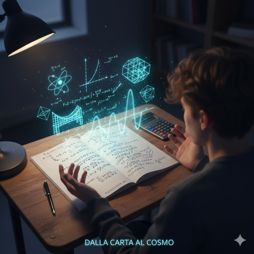 Titolo: "Dalla Carta al Cosmo"
La Scena:
Un banco di scuola visto dall'alto o di tre quarti, tipico di un liceo.
Sopra c'è un quaderno a quadretti aperto, pieno di calcoli fitti (una lunga espressione algebrica o uno studio di funzione complesso). C'è una calcolatrice scientifica e una penna.
Dalla pagina del quaderno, però, i numeri e i grafici (una parabola, una sinusoide) iniziano a staccarsi e sollevarsi.
Diventano tridimensionali e luminosi (colore ciano o blu elettrico).
La parabola diventa la traiettoria di un oggetto fisico.
La sinusoide diventa un'onda sonora o di luce.
Le formule dell'analisi si trasformano in strutture geometriche che ricordano ponti o atomi.
Lo studente (si vedono solo le mani o la schiena) non sta guardando il foglio con disperazione, ma con curiosità, come se stesse vedendo la "magia" dietro i calcoli.
Significato:
Rappresenta l'essenza del Liceo Scientifico: la matematica non è solo inchiostro sul foglio, è la chiave che descrive la realtà fisica e scientifica. Trasforma la fatica (il quaderno fitto) in meraviglia (la proiezione 3D).