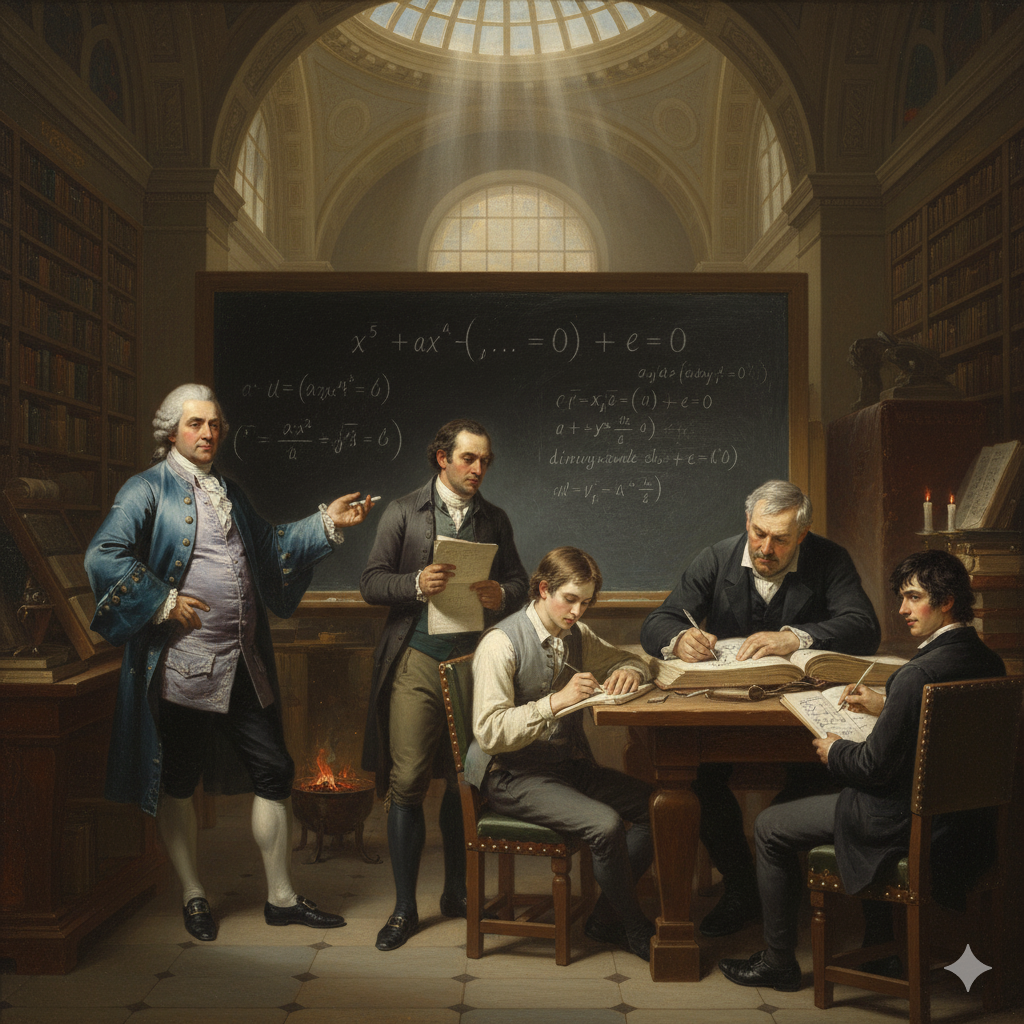 L'Architettura dell'Insolubile: L'Incontro dei Giganti
L'Ambientazione: La Biblioteca dell'Algebra Moderna

Ci troviamo in una biblioteca immensa, solenne, quasi un tempio. La luce proviene da un grande oculo sul soffitto. Al centro, una grande lavagna d'ardesia domina la stanza, con incisa l'equazione x 
5
 +ax 
4
 +...+e=0.

Gli Attori: Cinque Menti, Un Solo Problema

La scena è dominata da due figure centrali (Lagrange e Gauss) che, pur non interagendo direttamente, creano i "poli" della discussione. Gli altri tre (Ruffini, Abel, Galois) lavorano alla luce (o all'ombra) di questi due giganti.

Joseph-Louis Lagrange (L'Ispiratore Analitico): È la figura più anziana e aristocratica, vestito con eleganza settecentesca (parrucca incipriata). È in piedi accanto alla lavagna. Ha appena finito di scrivere non la soluzione, ma l'analisi delle permutazioni delle radici delle equazioni di 3° e 4° grado. Il suo gesto è interrogativo: con un gesso, indica l'equazione di 5° grado, come a chiedere: "Perché i miei metodi qui falliscono? Quale struttura vi si nasconde?"

Carl Friedrich Gauss (Il Principe del Rigore): Gauss non è vicino alla lavagna. Siede a un massiccio tavolo di quercia, leggermente in disparte, immerso in una luce propria. È un uomo robusto, dall'autorità innata. Ignora l'equazione di 5° grado, perché la considera un problema già risolto (o secondario). Sta lavorando alle sue Disquisitiones Arithmeticae. Sta definendo le congruenze modulari (≡), le fondamenta dell'algebra astratta. È il "legislatore": sta scrivendo le leggi fondamentali della struttura che gli altri stanno cercando di applicare.

Paolo Ruffini (Il Pioniere Isolato): Ruffini è in piedi, a metà strada tra Lagrange (che cerca di impressionare) e Gauss (da cui cerca un'approvazione che non arriverà mai). È vestito da medico. Tiene in mano il suo trattato del 1799, fitto di calcoli sui gruppi di permutazioni. Cerca di mostrare a Lagrange che ha trovato la risposta alla sua domanda: l'insolubilità. Ma la sua dimostrazione è complessa, imperfetta, e il suo sguardo è frustrato perché nessuno lo sta ascoltando.

Niels Henrik Abel (Il Genio Rigoroso): Giovane, pallido e vestito umilmente, Abel si scalda le mani vicino a un braciere (simbolo della sua povertà e malattia). Ha letto Lagrange e ha capito l'errore di Ruffini. Ignora la complessità di Ruffini e la vastità di Gauss. È concentrato solo sulla domanda di Lagrange e sta scrivendo la dimostrazione definitiva dell'insolubilità. La sua scrittura è pulita, elegante, inattaccabile. È il rigore fatto persona, che cerca solo la verità.

Évariste Galois (Il Rivoluzionario Febbrile): È il più giovane, un adolescente. È nell'angolo più buio della biblioteca, quasi nascosto. È rabbioso. Ha capito che tutti loro (tranne forse Gauss) stanno guardando il problema nel modo sbagliato. Non gli importa se è insolubile (lo sa già, grazie a Ruffini e Abel), vuole sapere il perché. Sul suo taccuino non ci sono calcoli, ma solo strutture astratte: "Gruppi", "Simmetrie". Ha guardato oltre Lagrange, oltre la risoluzione, e sta fondando la Teoria dei Gruppi. Il suo sguardo è febbrile, quello di chi ha visto il futuro e non ha tempo di spiegarlo.

L'Insegnamento della Scena: La matematica progredisce come una staffetta: Lagrange ha passato il testimone (la domanda); Ruffini lo ha preso e ha corso la prima, faticosa frazione; Abel lo ha portato al traguardo (la prova); Galois ha preso quel traguardo e lo ha usato come punto di partenza per una gara completamente nuova (la Teoria dei Gruppi). E per tutto il tempo, Gauss stava costruendo lo stadio.